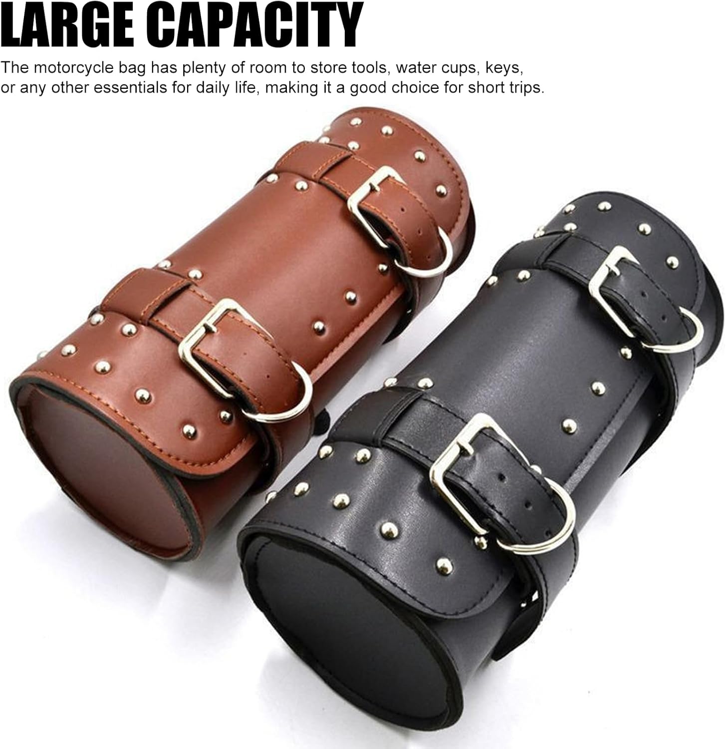 Shkalacar Motorcycle Bag, PU Leather Universal Saddlebag, Front Fork Handlebar Sissybar Storage Pouch, Compatible with Honda Kawasaki Suzuki Yamaha