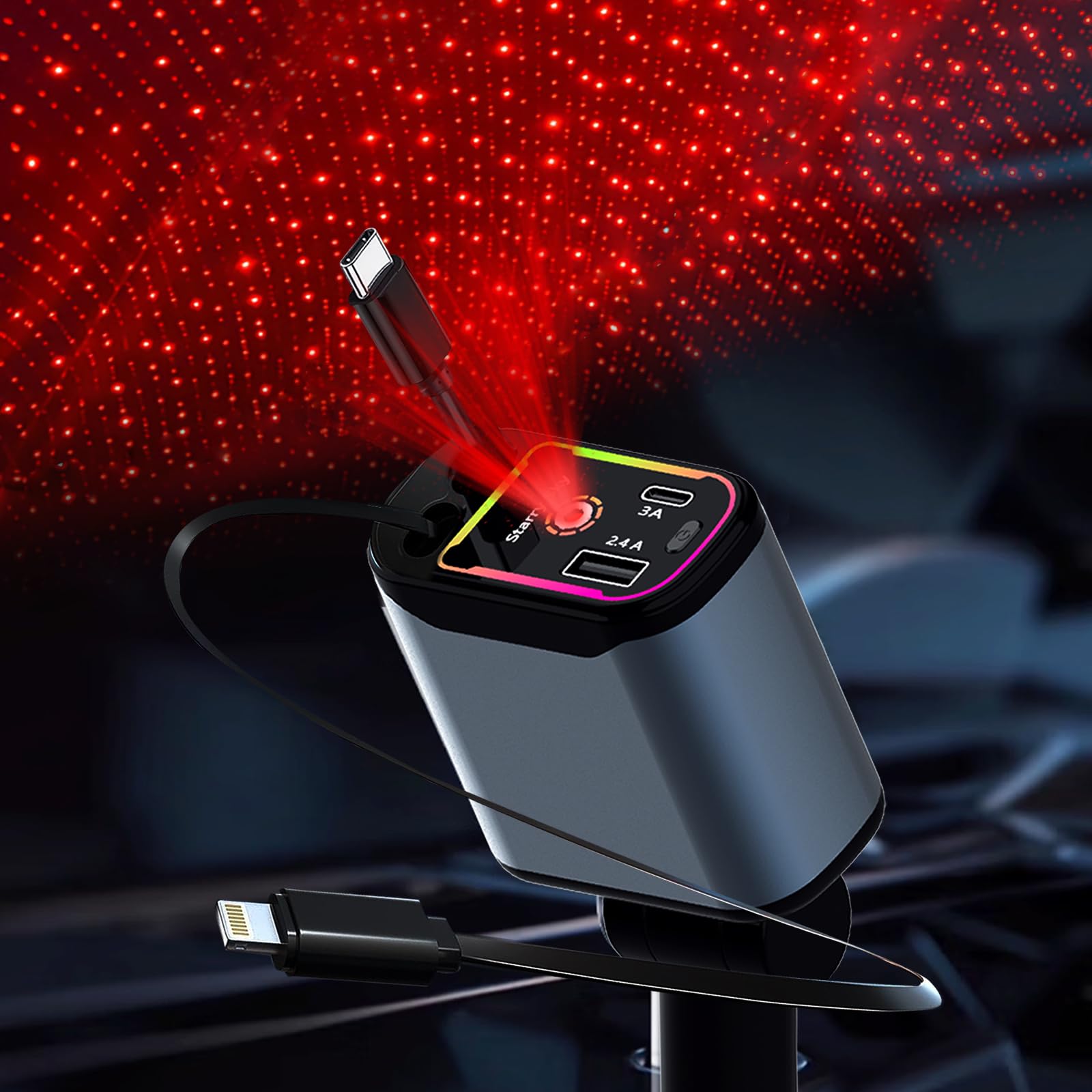 Starlight Retractable Car Charger with Retractable Cables, Starlight in Car Roof 4 in 1 Super Fast Car Phone Charger Grey-image-5