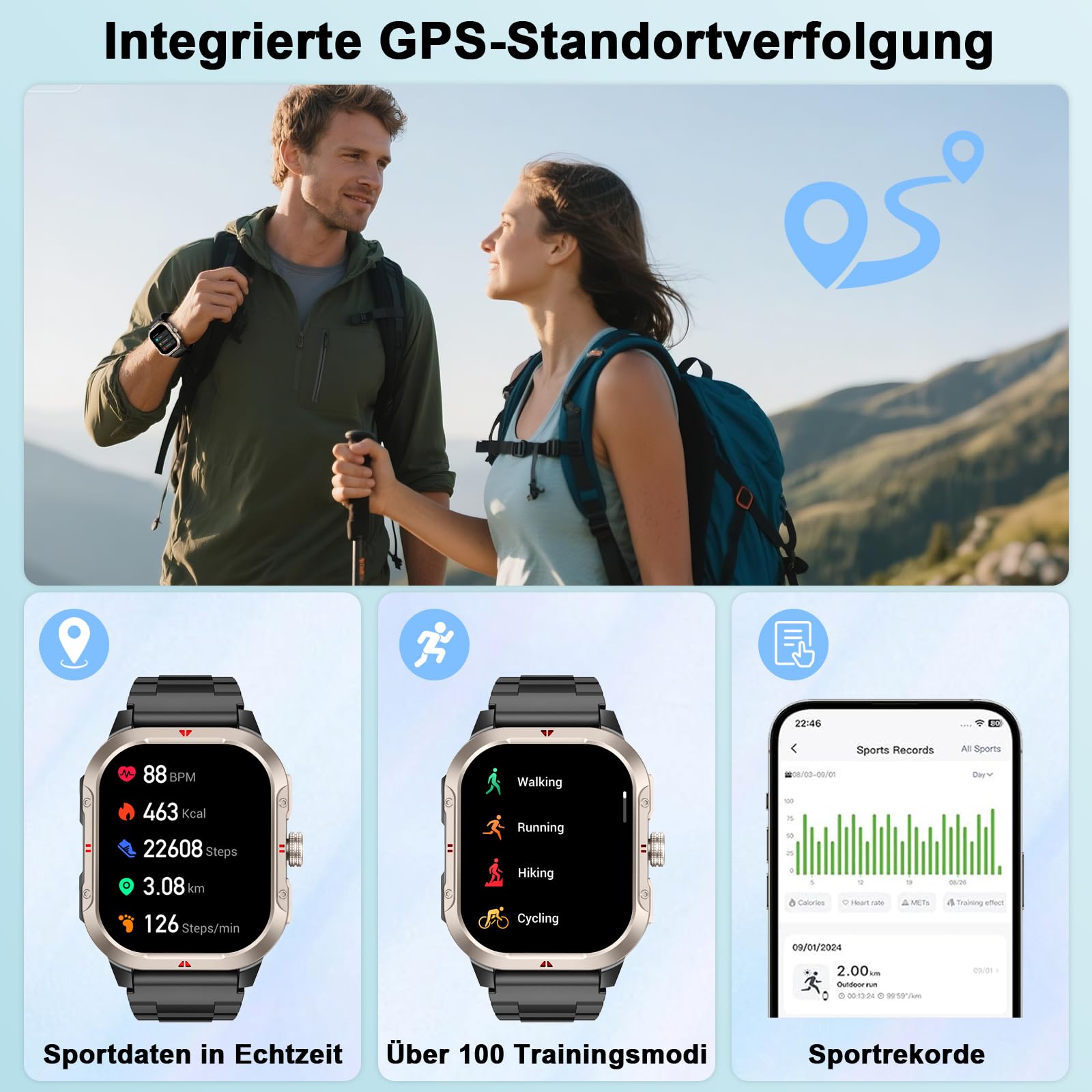 Jugeman Smartwatch Herren mit GPS,2.06" HD Smart Watch mit Telefonfunktion | Fitnessuhr/IP68 Wasserdicht,Sportuhr/110+ Sportmodi,Herzfrequenz/Schlafmonitor/Schrittzähler,Militär Uhr für Fitness Tracker