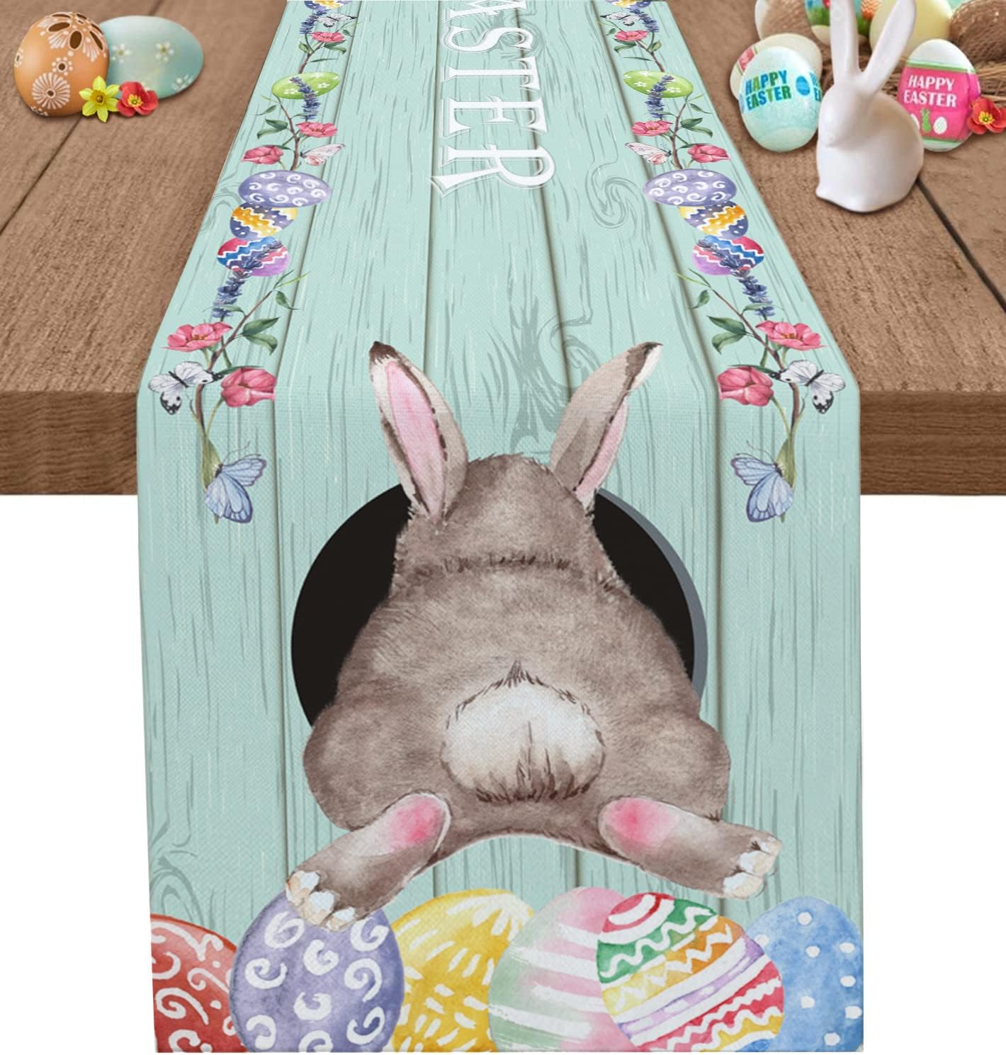 Easter Table Runner - Easter Eggs Bunny Rabbit Butt Table Runners, Waterproof Seasonal Spring Decorative Table Runners for Easter Decoration Home Kitchen Dining Holiday Party Decor 13 x 108 Inch