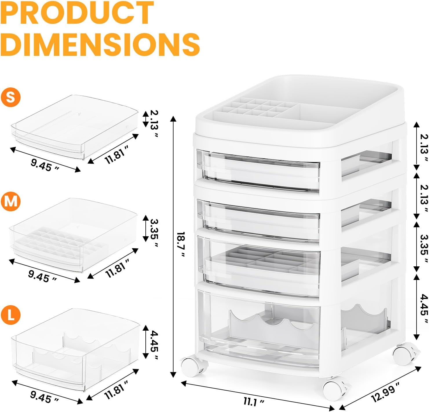 Rolling Cart with 4 Drawers, Clear Plastic Drawer Organizers, Dust Proof Under Desk Storage for Makeup, Skincare, Art Crafts and Baby Items, Acrylic Cosmetic Organizer with Dividers, Vanity Cart