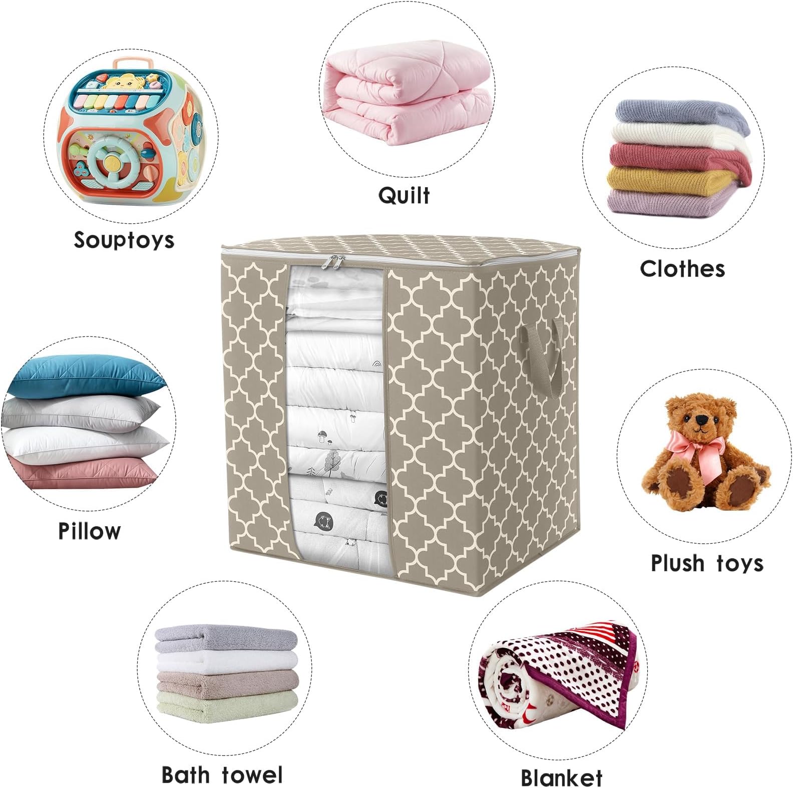 WISELIFE Storage Bags 3 Pack/100L Large Blanket Clothes Organization and Storage Containers for Comforters,Bedding, Foldable Organizer with Reinforced Handle, Clear Window, Sturdy Zippers,Beige