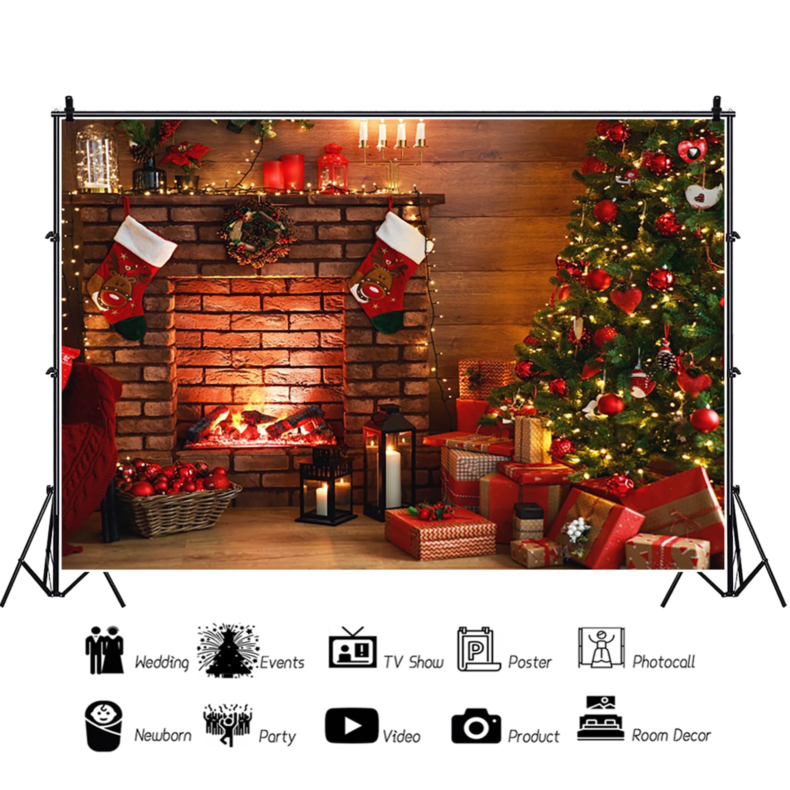 10x8ft Christmas Fireplace Photo Backdrop - Xmas Tree & Socks Design For Holiday Parties & Photography