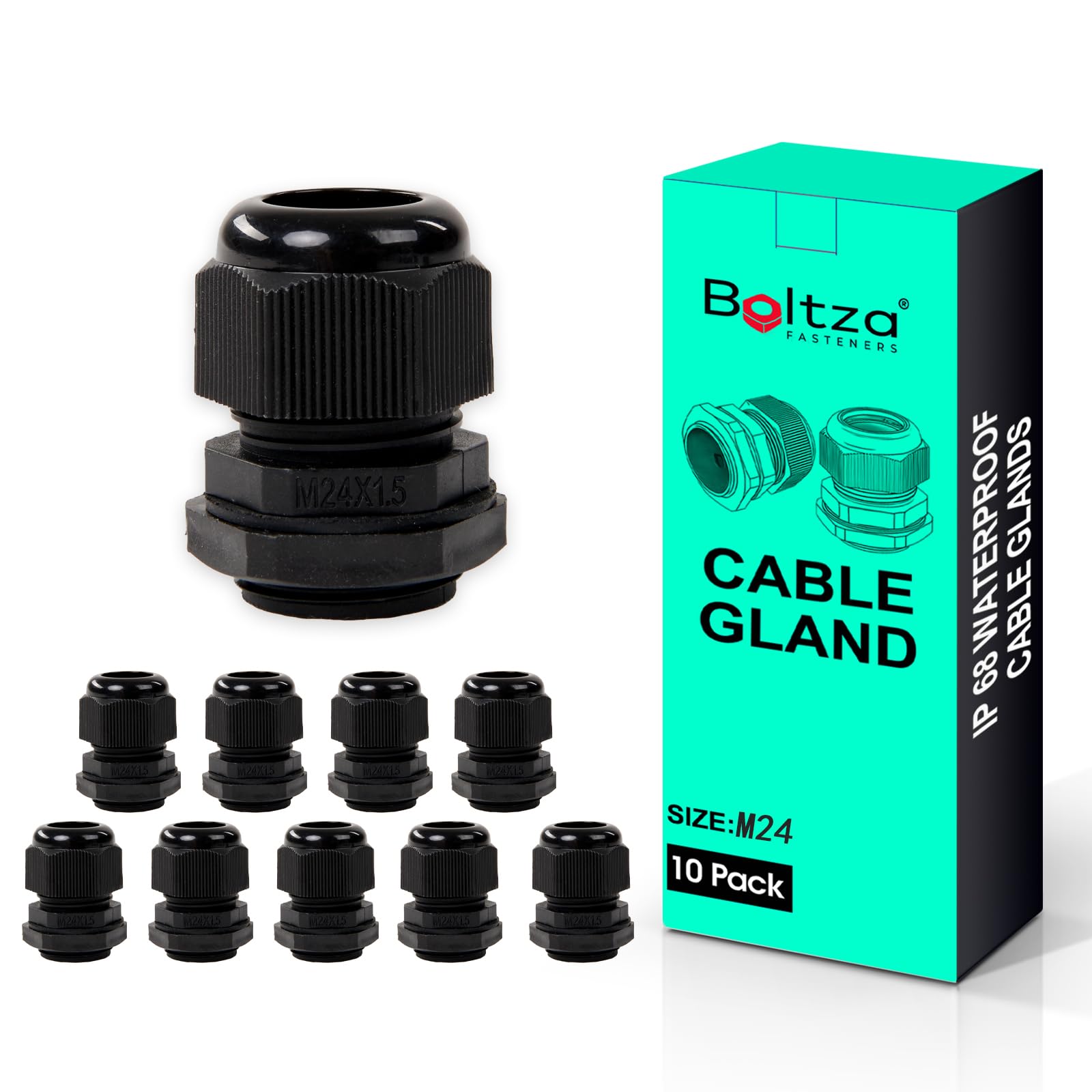 Boltza® Black Nylon Cable Gland – IP68 Waterproof Cable Connector for Electrical Enclosures, Junction Boxes, Outdoor Use – Conduit Gland – 10 Pack (M24)
