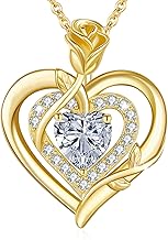 LAVUMO Women's Necklace Genuine 925 Sterling Silver / Brass Double Heart Pendant Pink Flower Birthstone Jewellery Gift Birthday Woman Christmas Gift