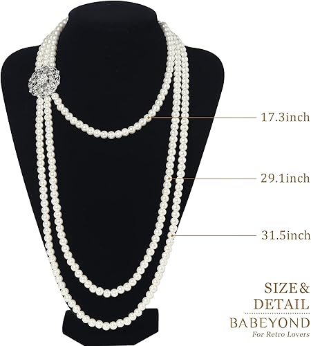 Miniatura 2 de BABEYOND - Collar de perlas vintage estilo Gatsby de los años 20 conjunto de collar nupcial y aretes de perlas de imitación multicapa collar con