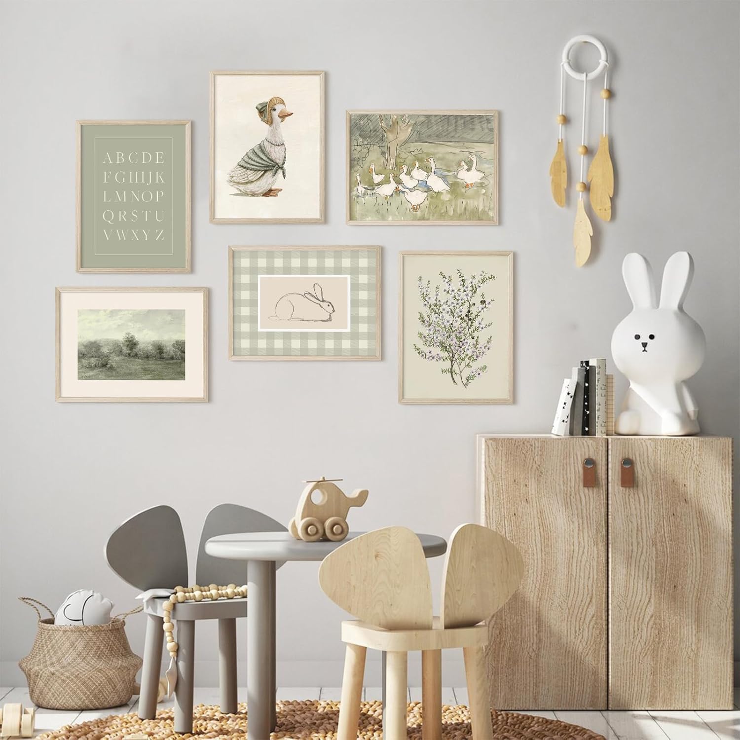 Vintage Nursery Wall Art Kids Canvas Poster Baby Room Wall Decor Sage Green Duck Wall Art Bunny Prints Floral Picture Nursery Children Artwork for Farmhouse Bedroom 8x10x6 Inch Wood Framed