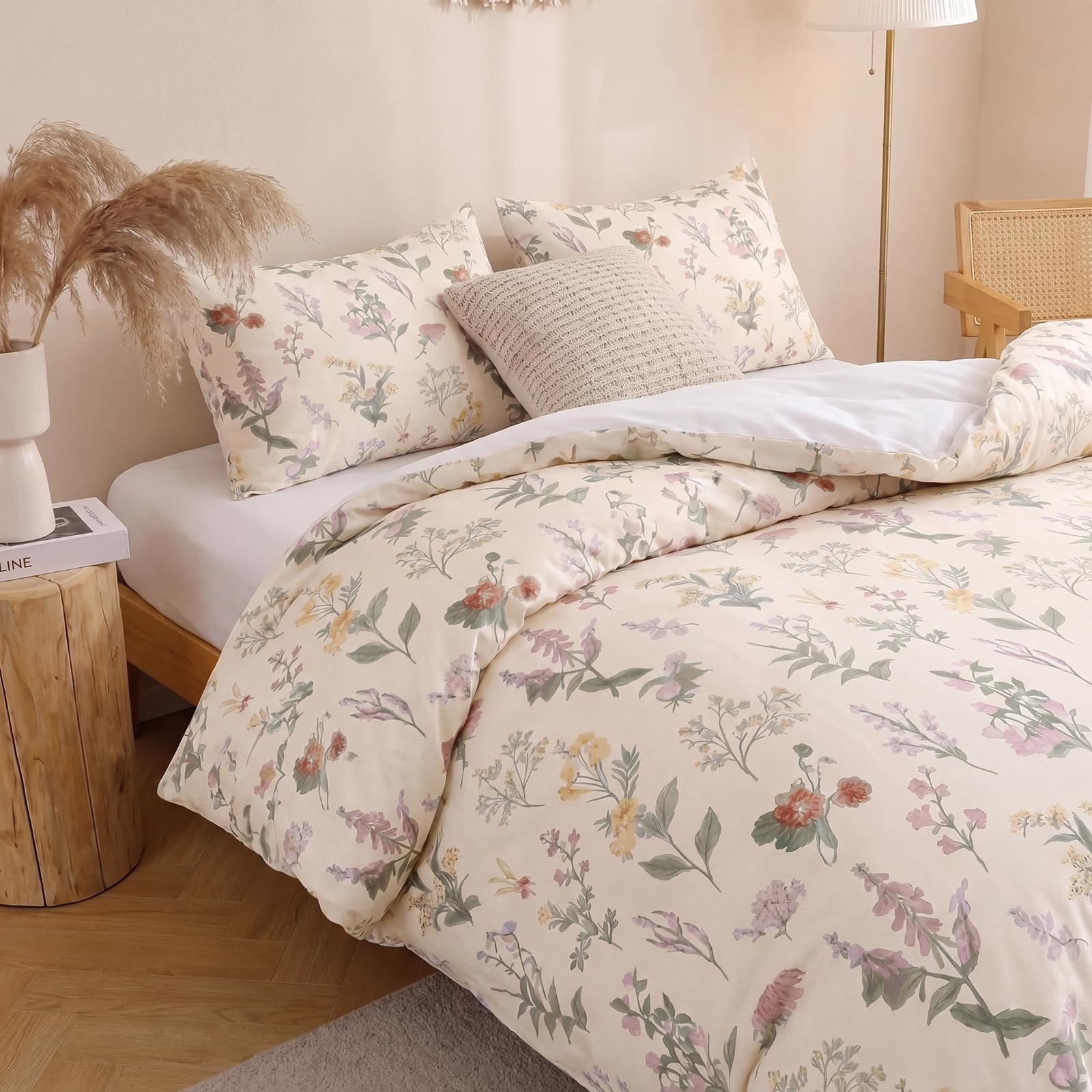 Herside Vintage Floral Duvet Cover Set Double 3 Pieces Soft Microfibre Botanical Flower Print Bedding Set Lightweight and Breathable Quilt Cover Set with Zipper Closure for All Seasons