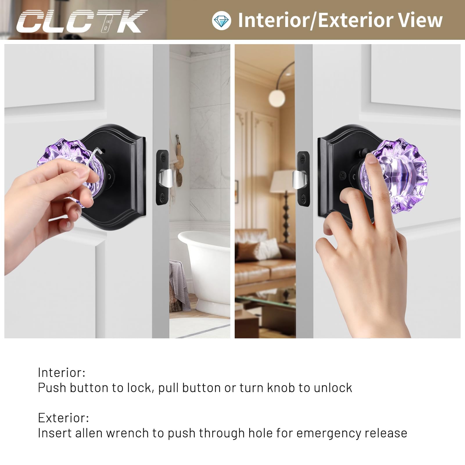 Purple Glass Door Knobs - Matte Black & Lock -3