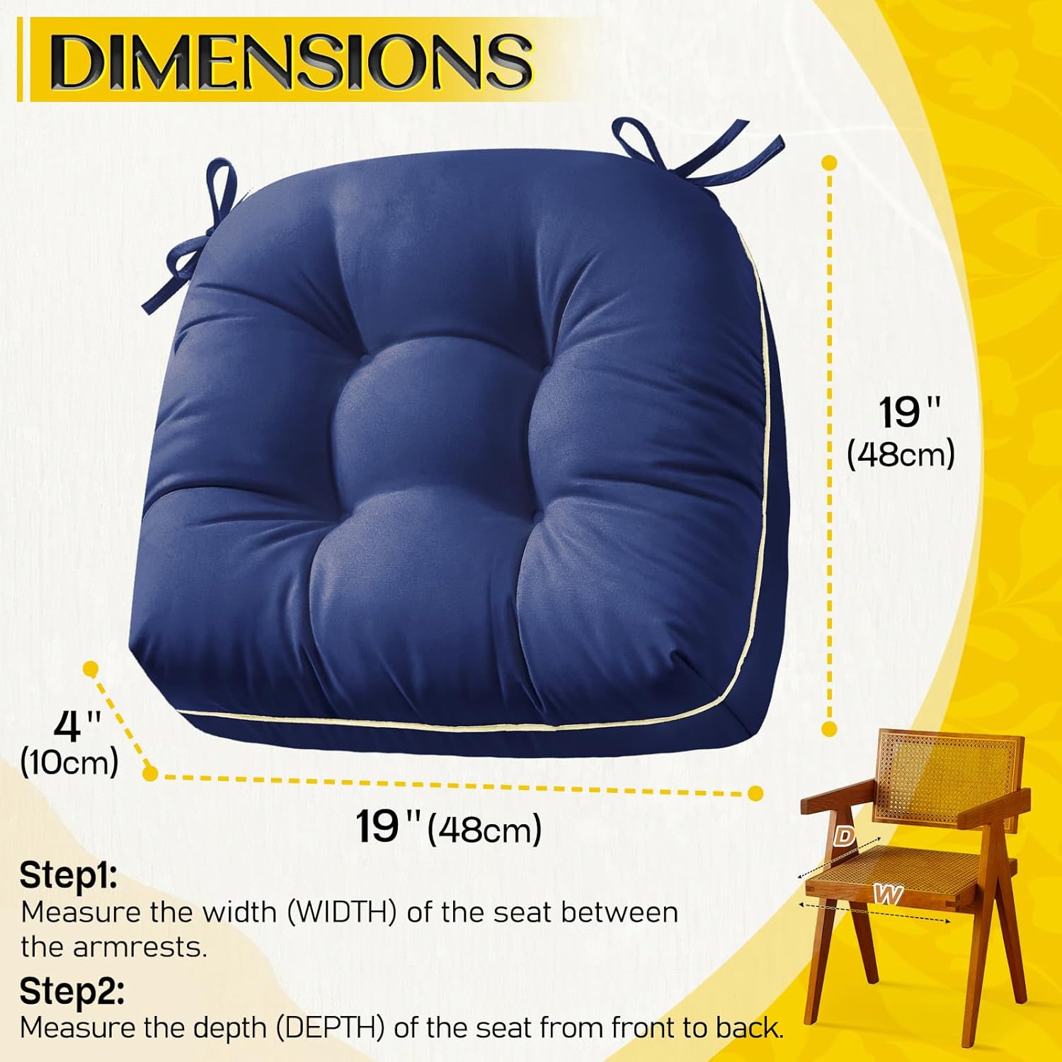 1 MIDDLE ONE Outdoor Chair Cushions Set of 2, Outdoor Cushions for Patio Furniture and Wicker Chair, Memory Foam Patio Seat Cushion Pads with Ties, 19 x 19 Inch (Blue)
