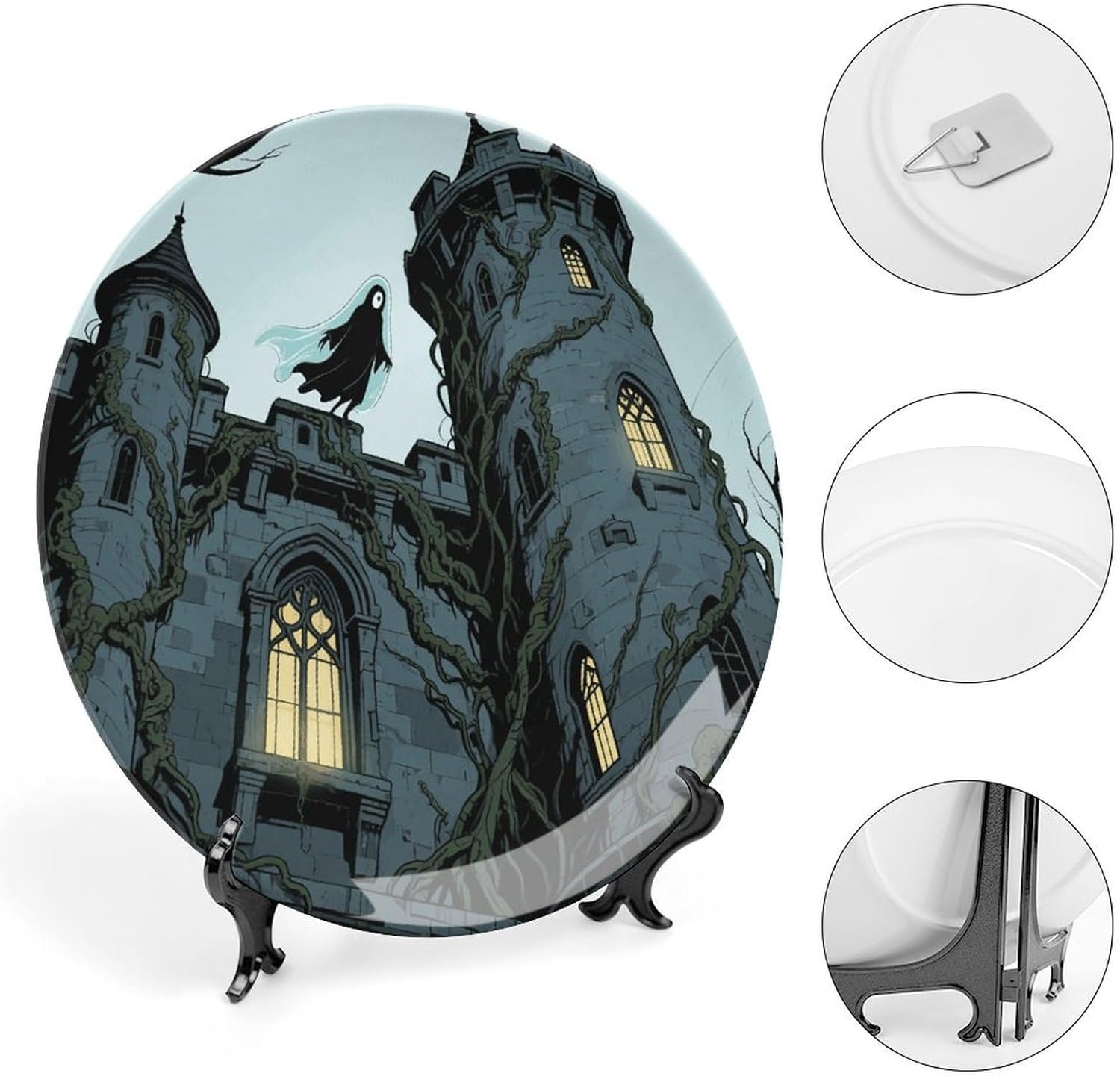 Ghost Castle Ceramic Plate 10inch Decorative Bone China Wall Hanging Ornament Plates Bohemian Style Dinner Plate with Display Stand Cabinet Display Plates for Home Art Decor