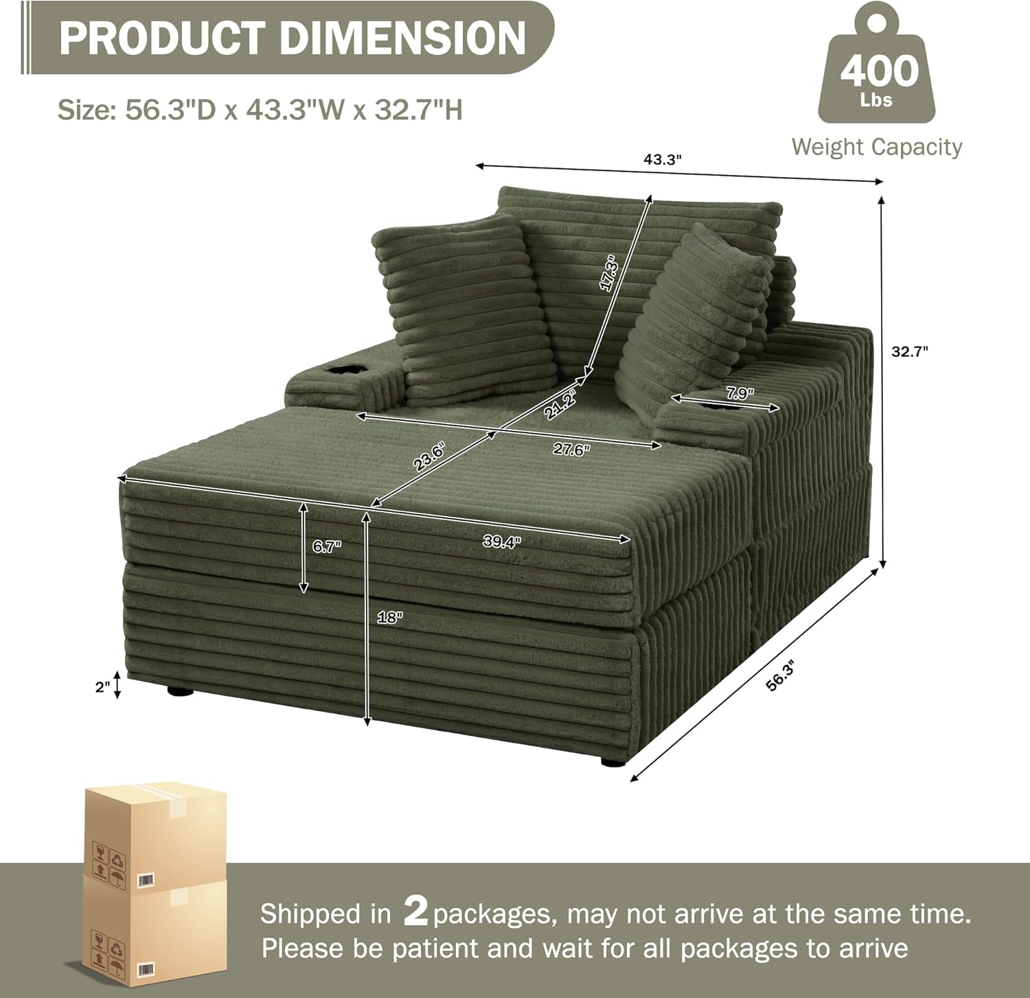 GarveeHome Oversized Chaise Lounge Chair Indoor with Storage Ottoman, Upholstered Corduroy Sofa Bed Cloud Couch with 3 Pillows, Single Sleeper Sofa Chair for Living Room, Bedroom (Green)