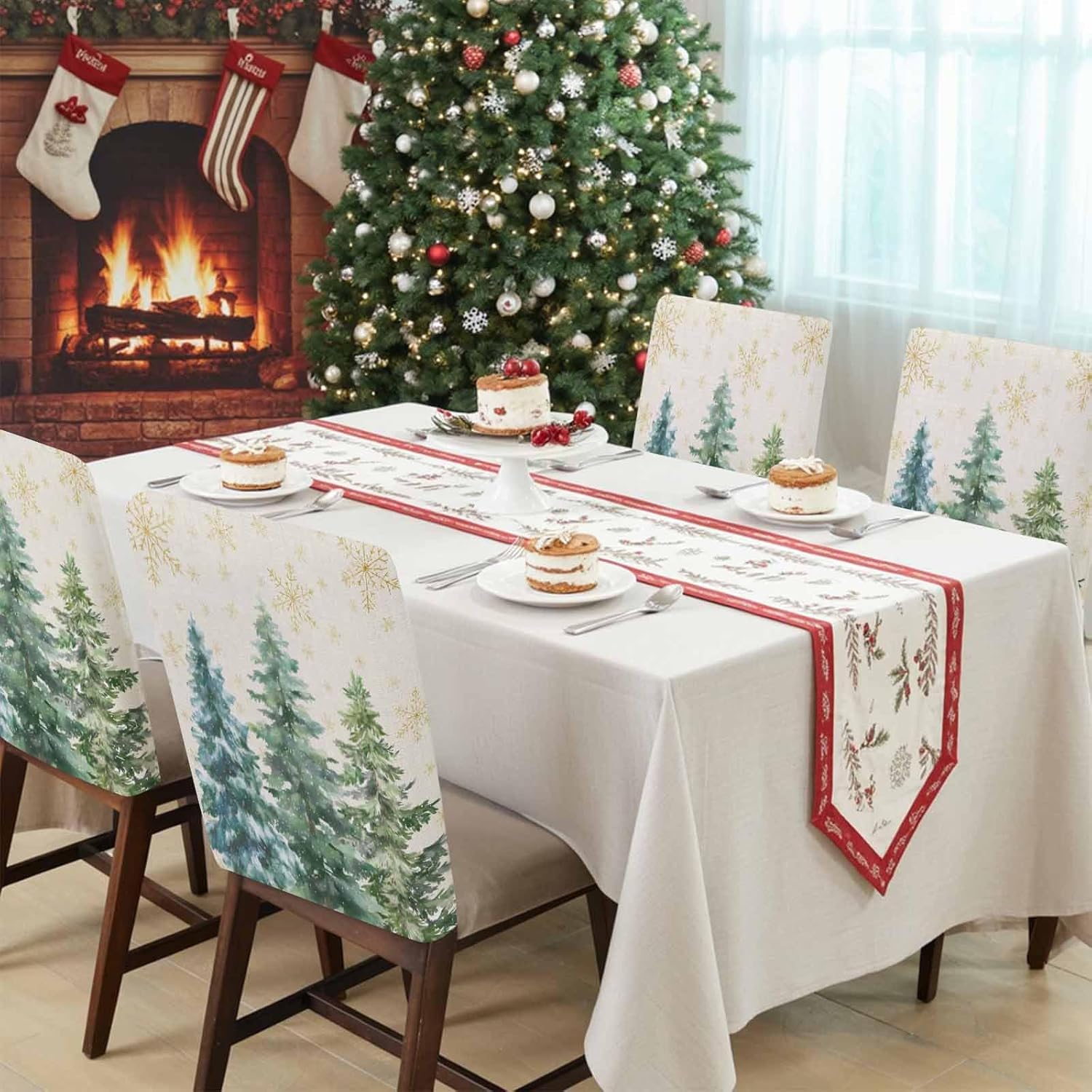 Green Christmas Tree 4 Packs Dining Chair Back Cover, Green Xmas Tree Snowflake Rustic Decorative Kitchen Dinner Chair Seat Covers Chair Slip Covers, Slipcovers Protect for Dinning Room