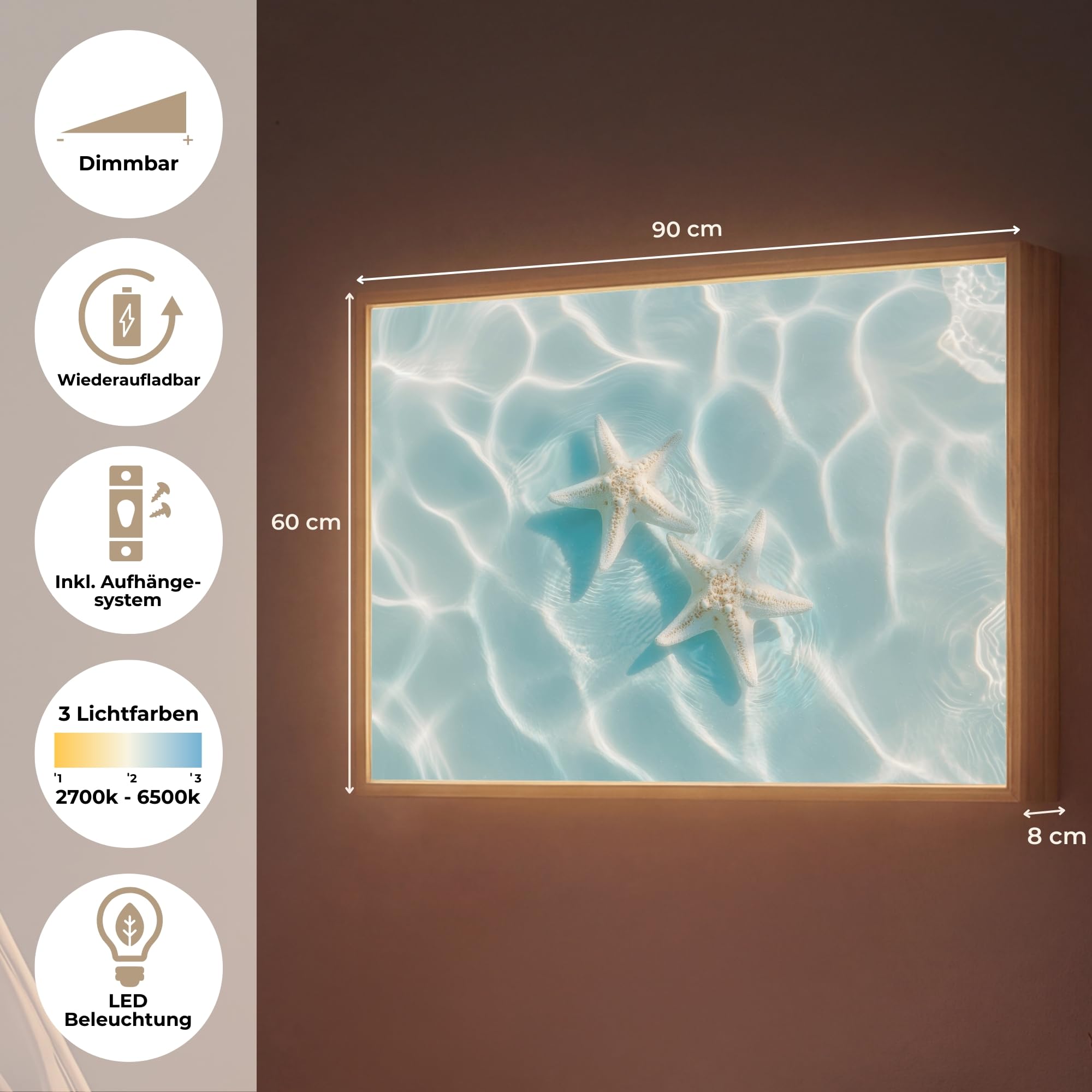 Moderne LED Wandleuchte Innen 90x60 cm Aufladbar Wandbeleuchtung Schlafzimmer Nachtlampe Flach Fernbedienung Warmes Still Licht Dimmbare Lampe Seesterne - Gewelltes Wasser - Beruhigend