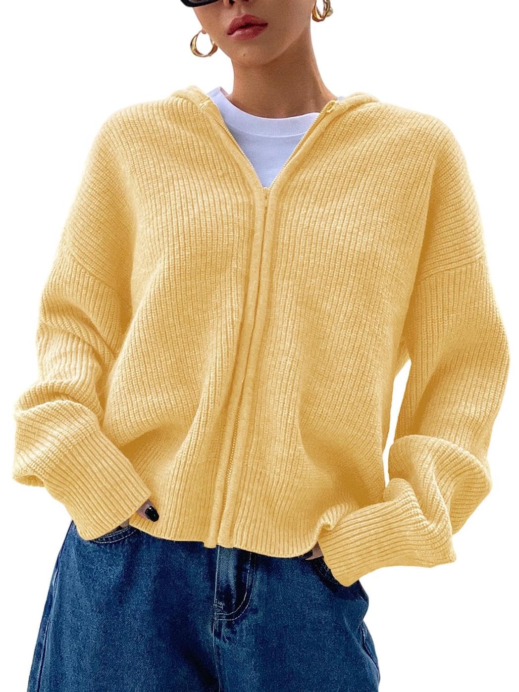 Zip Up Cardigan for Women Hooded Cardigan Sweater Knitted Drop Shoulder Fall Clothes Winter Hoodies Outerwear-image-2