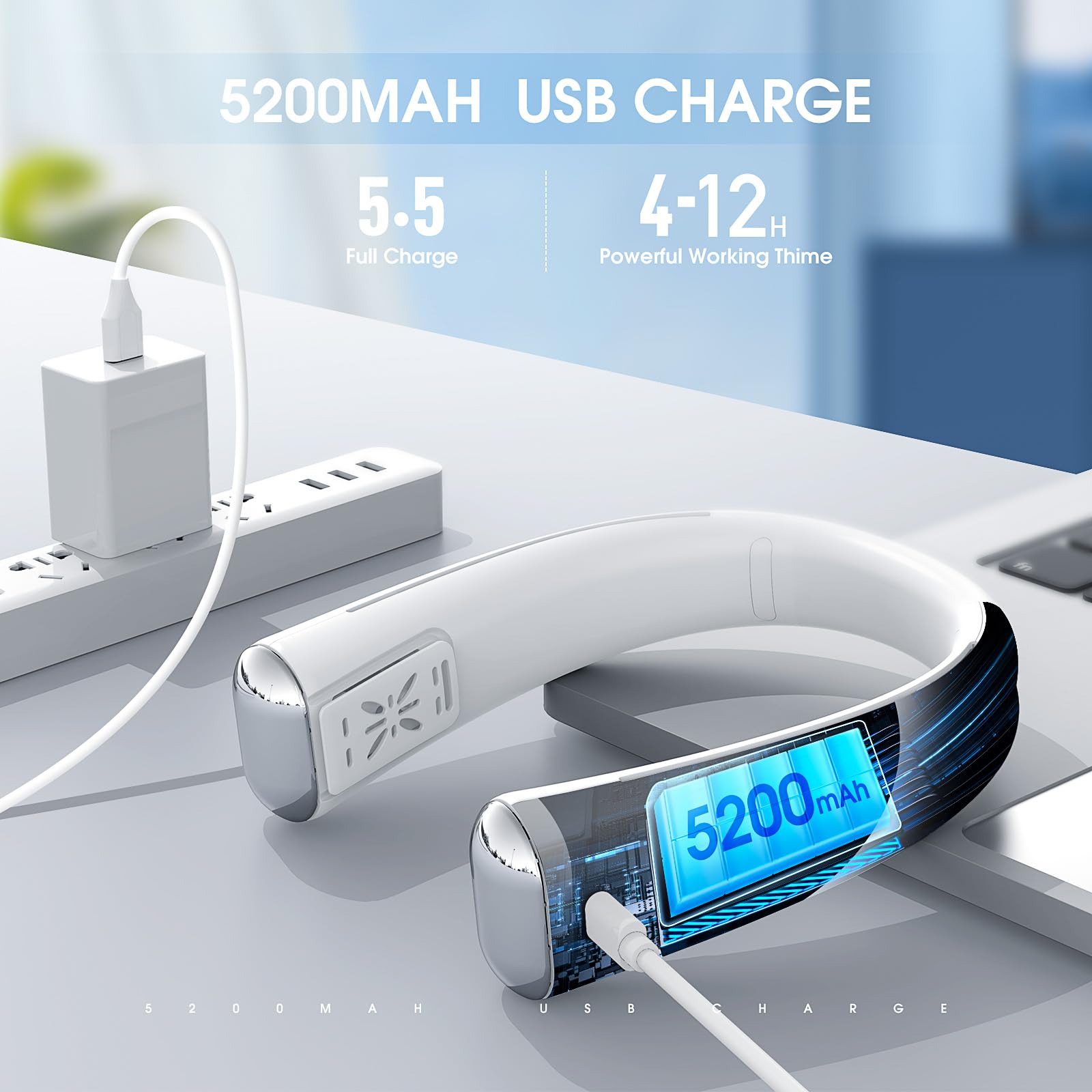 Urmaxs 6000 mAh Ventilatore da Collo Portatile,Silenziosi Portable Neck Fan,USB Ricaricabile Cuffie Ventilatore,3 Velocità Ventolino Portatile Senza Lama per Ufficio,Viaggi,Aria Aperta e Sport-Bianco