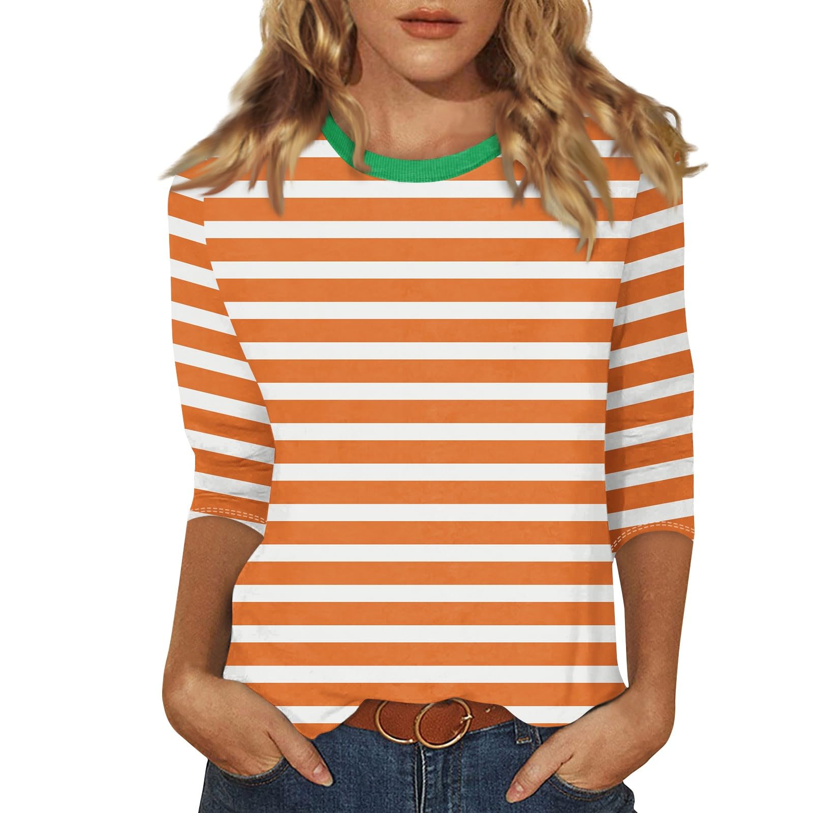 slqdgmryz 3/4 Length Sleeve Womens Tops Striped Casual Crew Neck T Shirts Loose Fit Color Block Business Dressy Blouses
