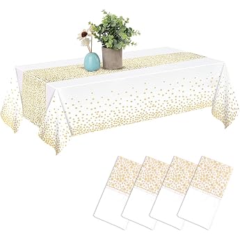 Chepula Disposable Tablecloth Waterproof Birthday Tablecloths Rectangular Suitable for Party Children s Birthday Wedding Christmas 137 x 274 cm White and Gold Pack of 4