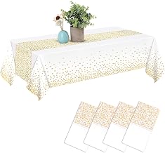 CHEPULA Nappe Jetable, 4 PCS Nappe Rectangulaire Imperméable à l'eau en PEVA, Blanc et Or, 137 x 274 cm, pour Fête, Anniversaire Enfant, Mariage, Noël