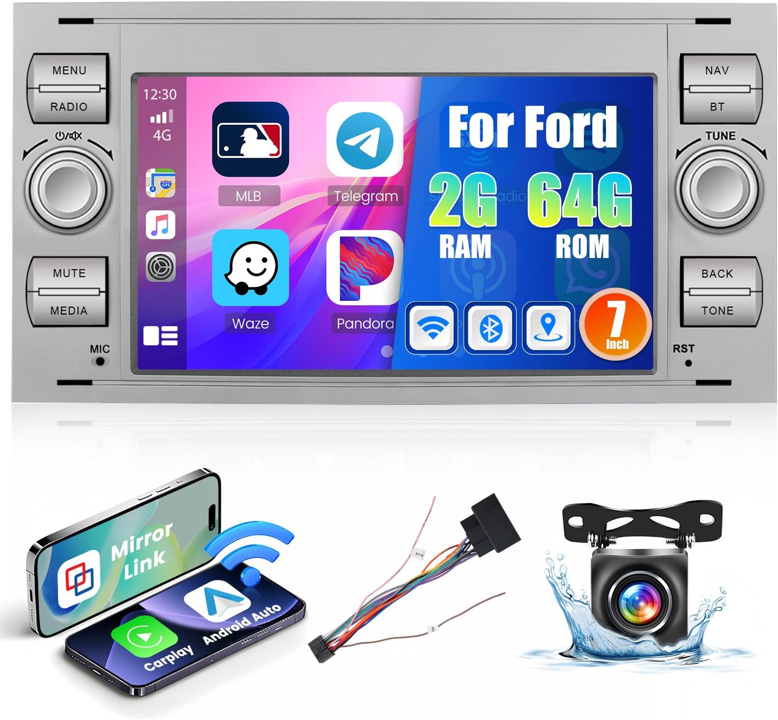 Autoradio per Ford Focus Mondeo S-Max C-Max Galaxy, Sistema Android 12 2G+ 64G, Touchscreen da 7 Pollici, Radio Doppio din Supporta GPS Navi CarPlay Android Auto Bluetooth WiFi