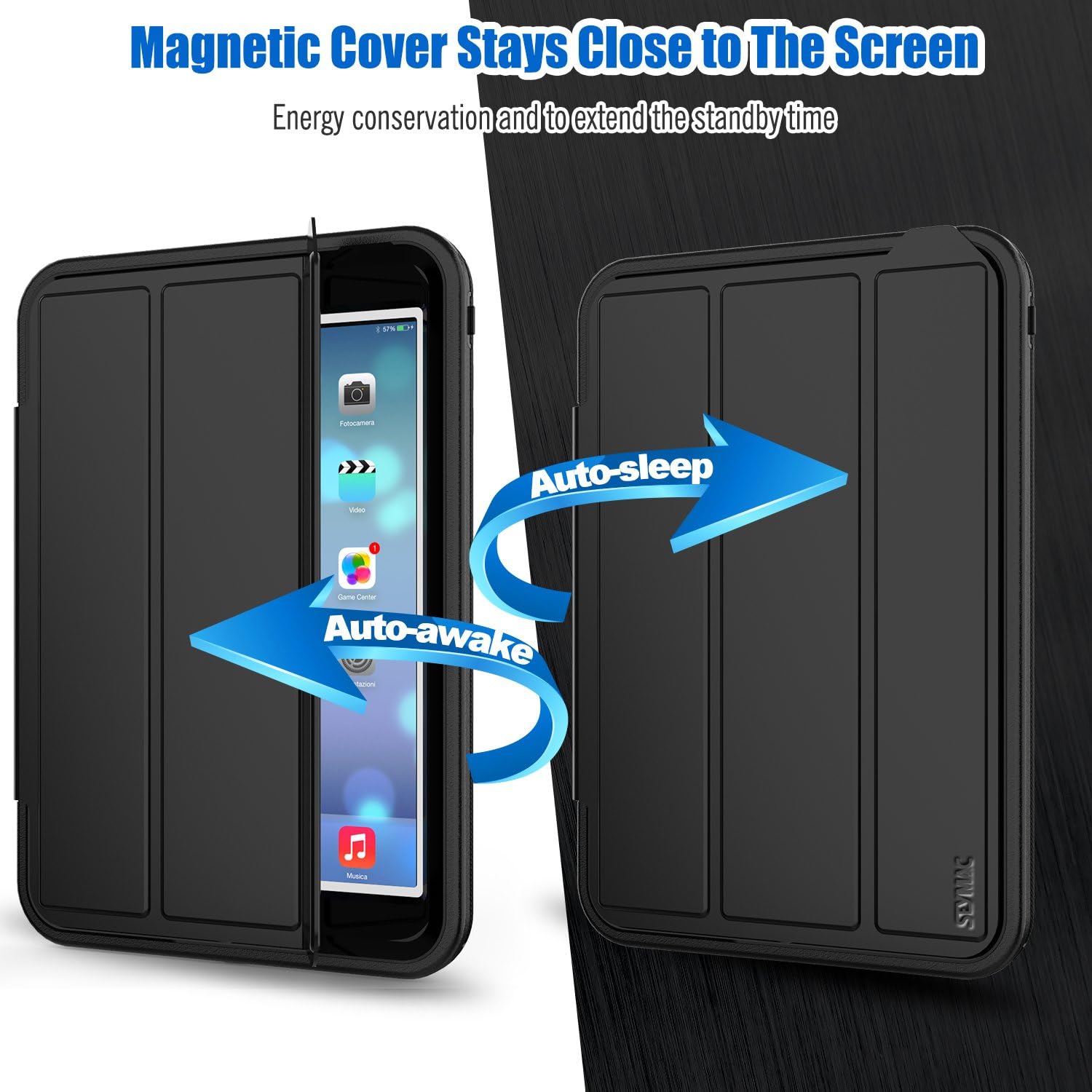 SEYMAC stock Case for iPad Mini 1 2 3, (Not Mini 4), 3-Layer Shock-Proof Protective Case for Kids,Smart Cover Auto Sleep Wake & PU Leather Folio Stand Function for iPad Mini 1st, 2nd, 3rd (Black)