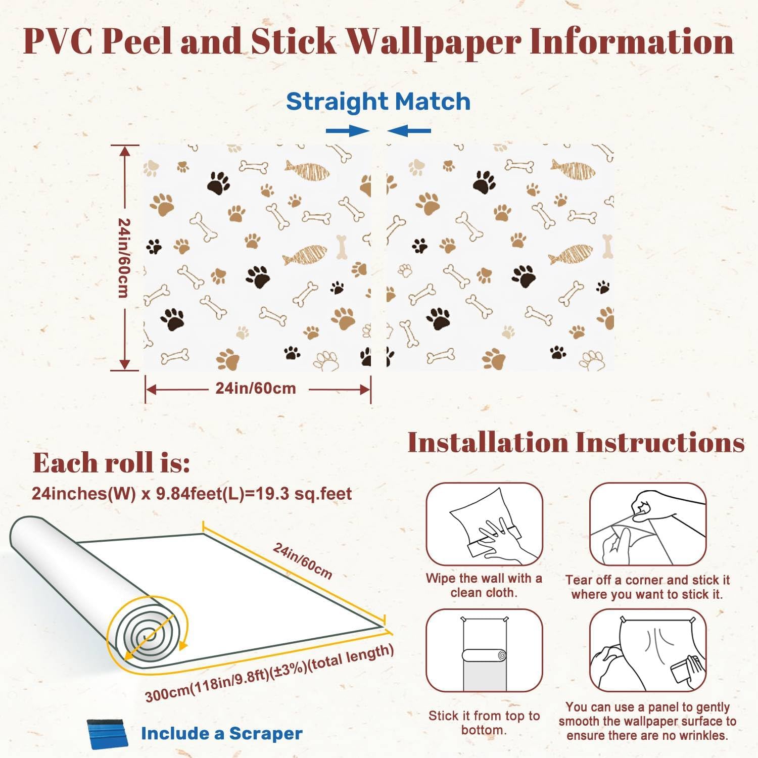 Peel and Stick Wallpaper Wall Decor Contact Paper Removable Wall Paper Cute Paw Prints Bones Warm Earth Tones for Classroom Bedroom Desk Cabinets Drawers Kitchen