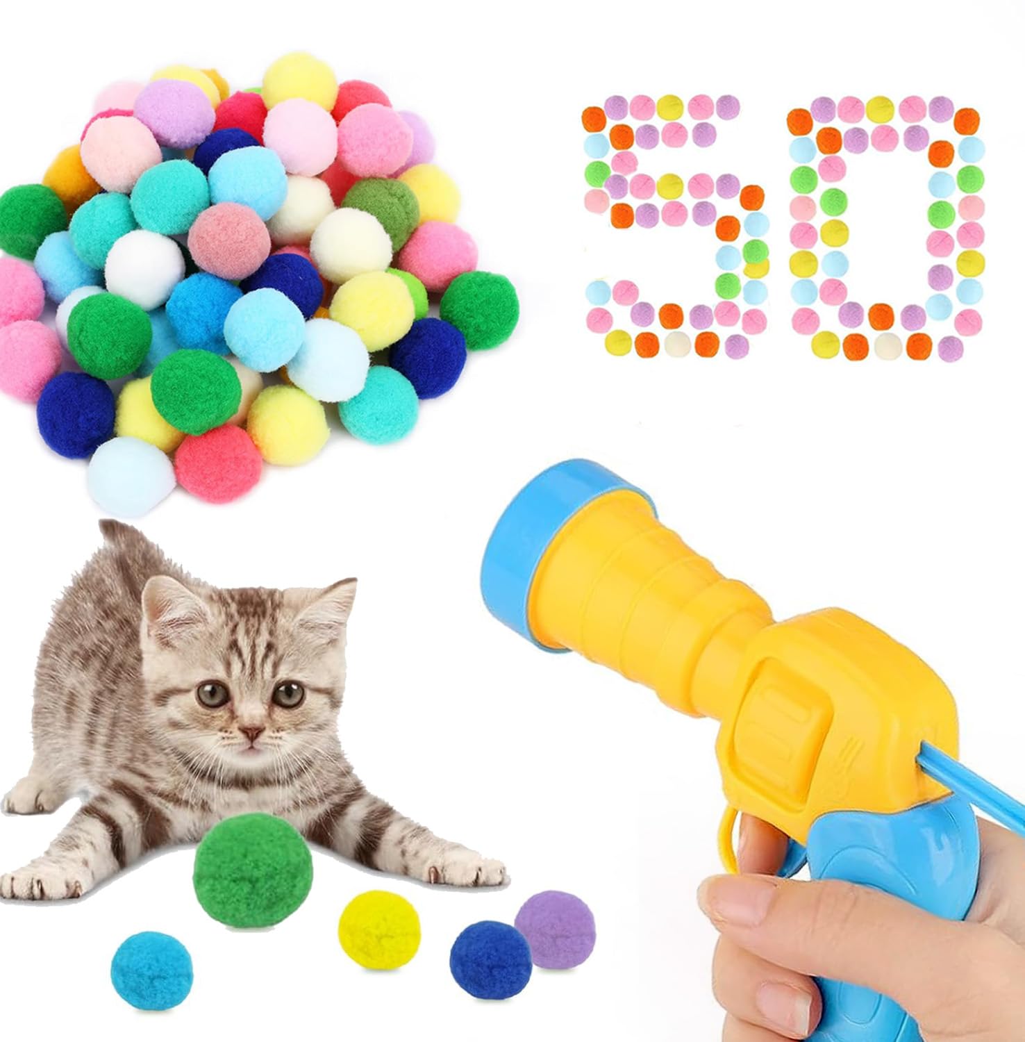 BananaHomeCat Ball Launcher for Indoor Interactive Kitty Toys Cats Self Play Pom Balls Plush Ball Launcher for Cats Puff Balls Cat Enrichment Toys 50 Balls (1 cat ball launcher & 50pcs balls)