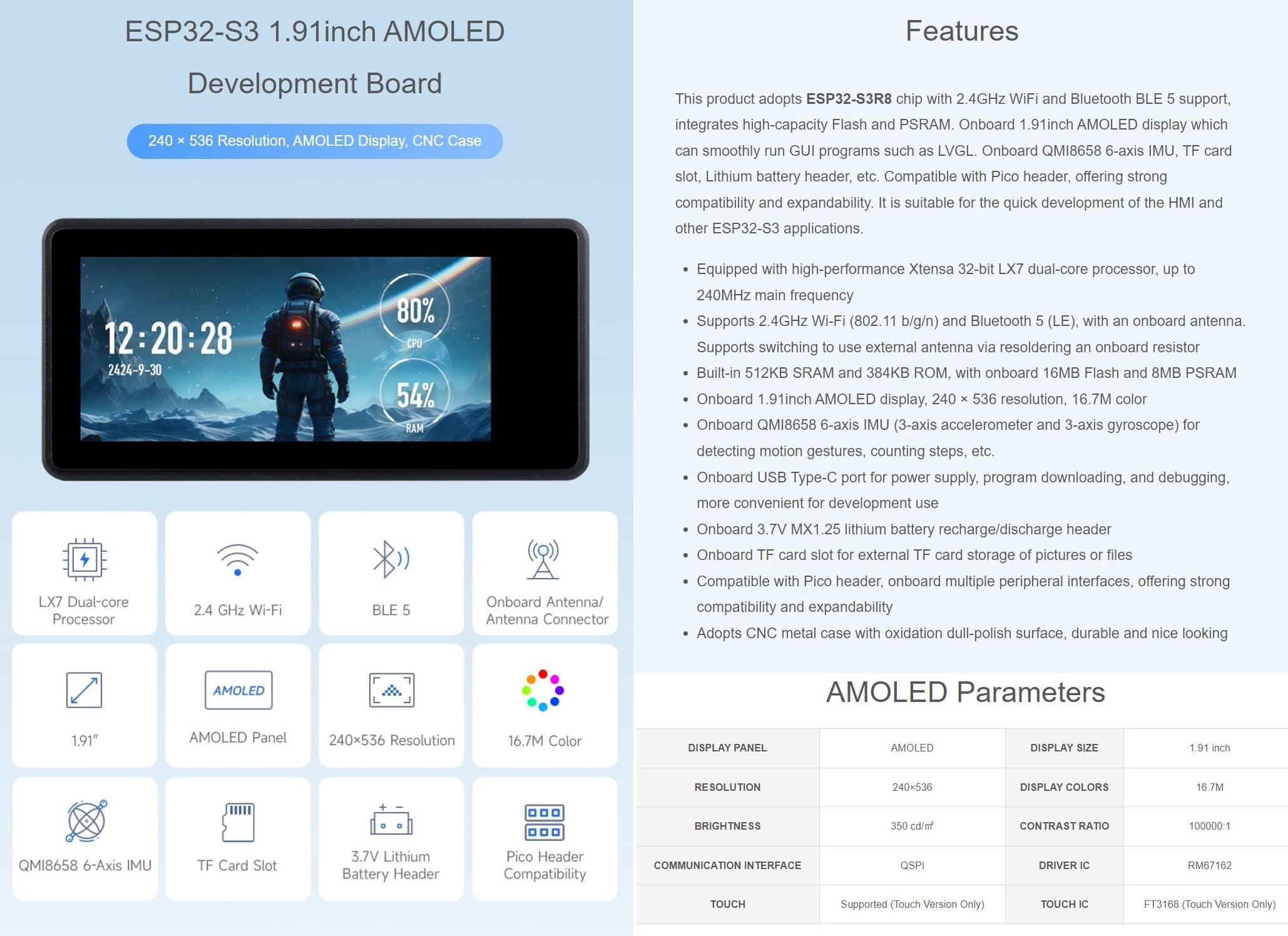 Amazon.co.jp: ESP32-S3 1.91インチ AMOLED ディスプレイ開発ボード、32ビット LX7 デュアルコアプロセッサ、最大周波数  240MHz、タッチ機能なし、事前はんだ付けヘッダーなし (ESP32-S3-AMOLED-1.91) : パソコン・周辺機器