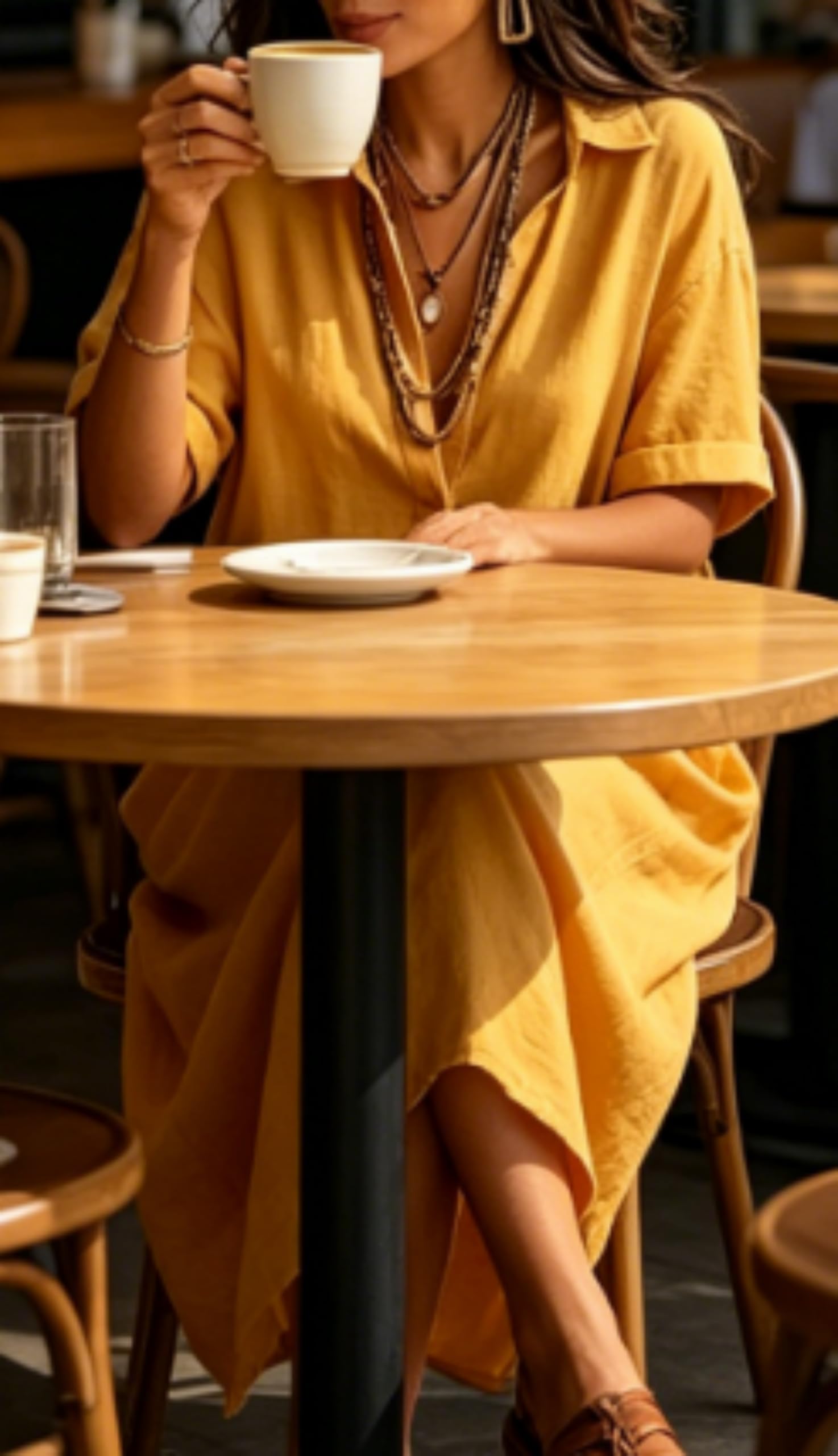 Generico Maxi Abito da Donna con Scollo a V, Colletto risvoltato e Spacco – Abito Casual con Tasca, Ideale Come Copricostume per Le Vacanze estive