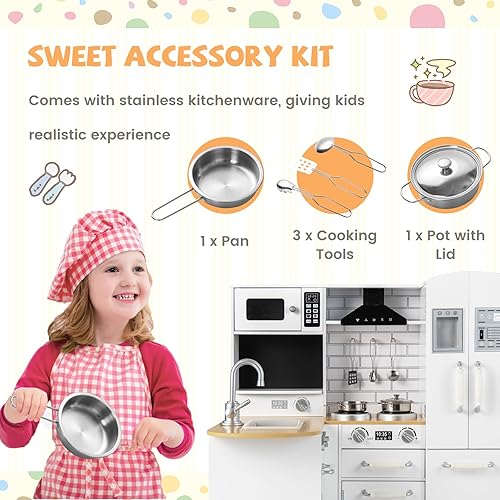 Miniatura 3 de Cocina de juego de esquina para niños, juego de cocina de juguete de madera con sonidos, cocina de juego de simulación para niños con accesorios de