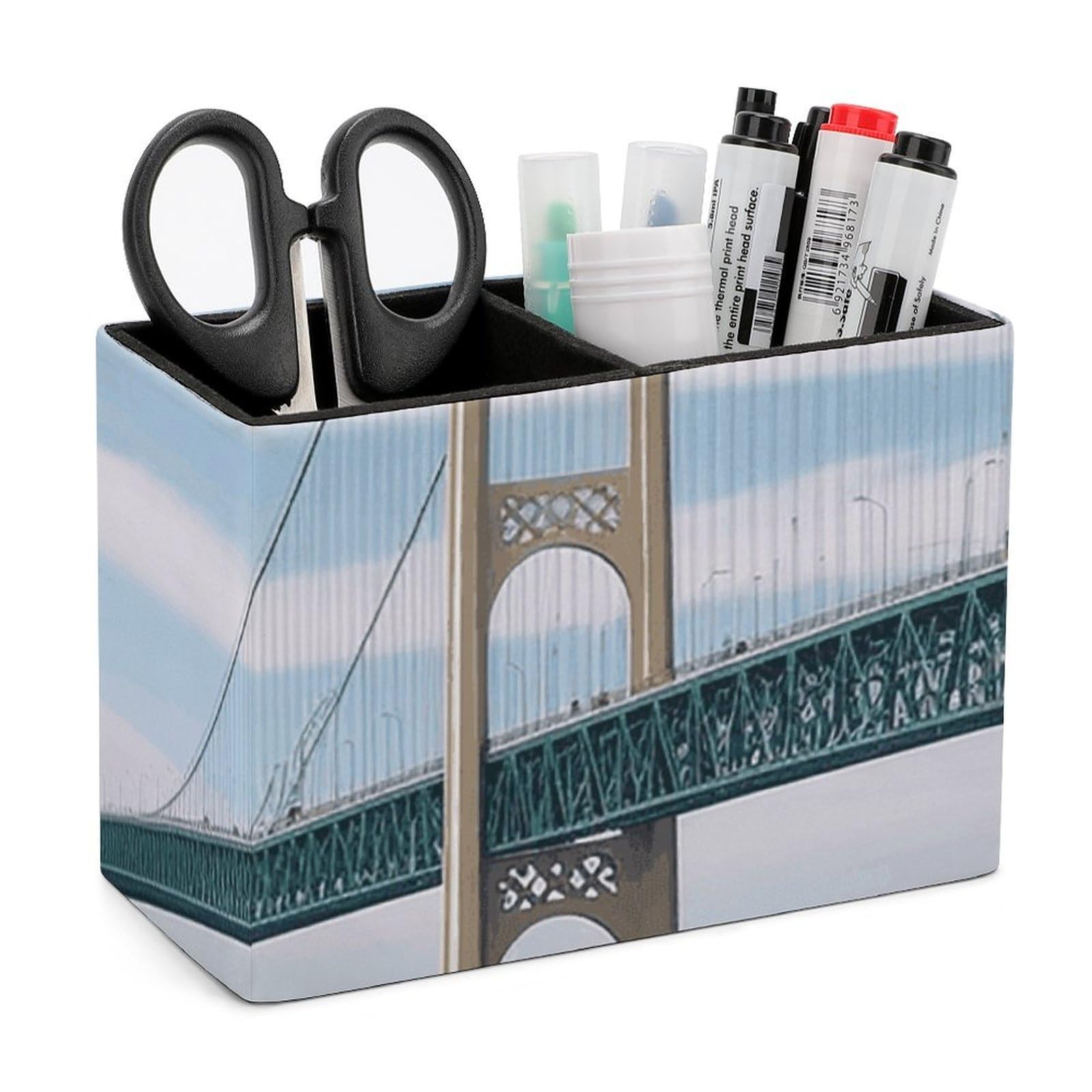 LZQPOEAS Exquisite Patterns PU Leather Pen Holder, Multifunctional Desktop Organizer Caddy with 2 Compartments, Mackinac Suspension Bridge Pencil Cup Makeup Brush Holder for Office Home