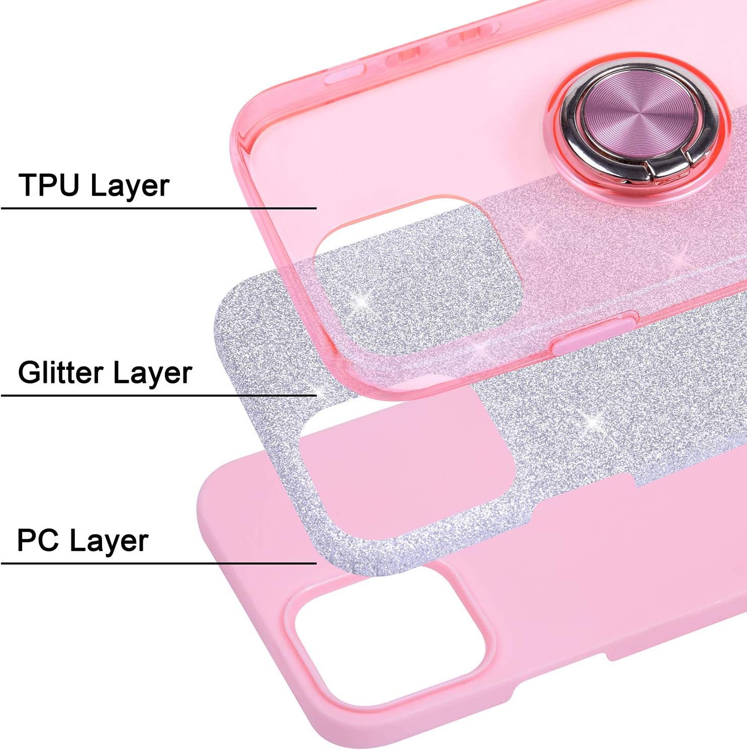 Wisdompro Case for iPhone 15, for iPhone 14, for iPhone 13, Cute Glitter Bling Sparkle Protective Case with Ring Kickstand, Women Girls Phone Case for 6.1 Inch iPhone 15/14/13 - Pink - Image 7
