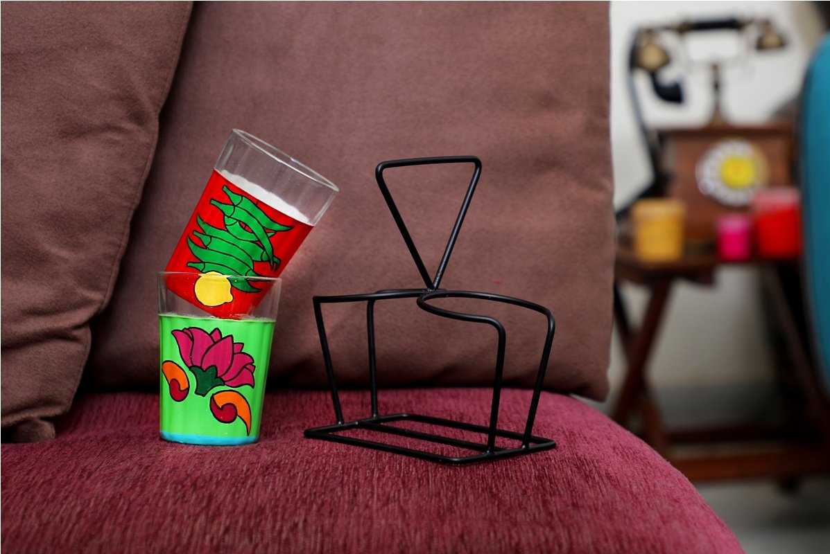 TopsyTurvy Lotus Flowers and Nimbu Mirchi Theme Hand Painted Traditional Tapri Tea Glasses with Iron Container Stand Holder (Set of 2, 90ml) 2