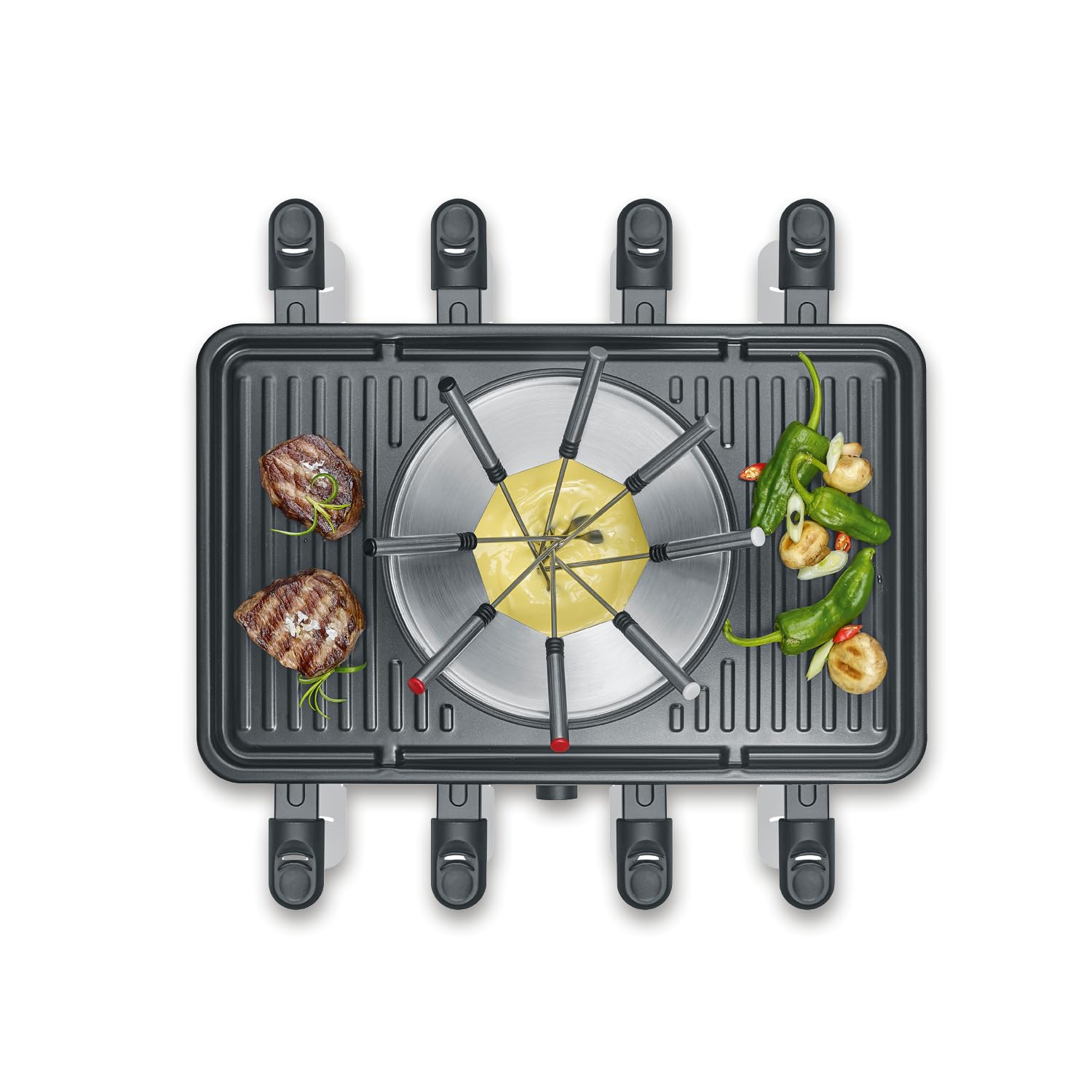 SEVERIN Raclette Grill e Fonduta 2in1, 1400W, 8 Padelline, 8 Spatole e 8 Forchette, Piastra Ceramica, Temperatura Regolabile, Cavo Lungo 195 cm, 42,0 x 28,0 x 12,0 cm, Nero - RG 2347
