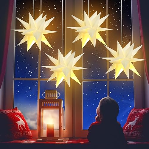 Miniatura 5 de Riakrum 4 linternas de papel de estrella morava de Navidad con luces LED de 12 pulgadas, estrellas de papel 3D de 12 pulgadas, 18 estrellas