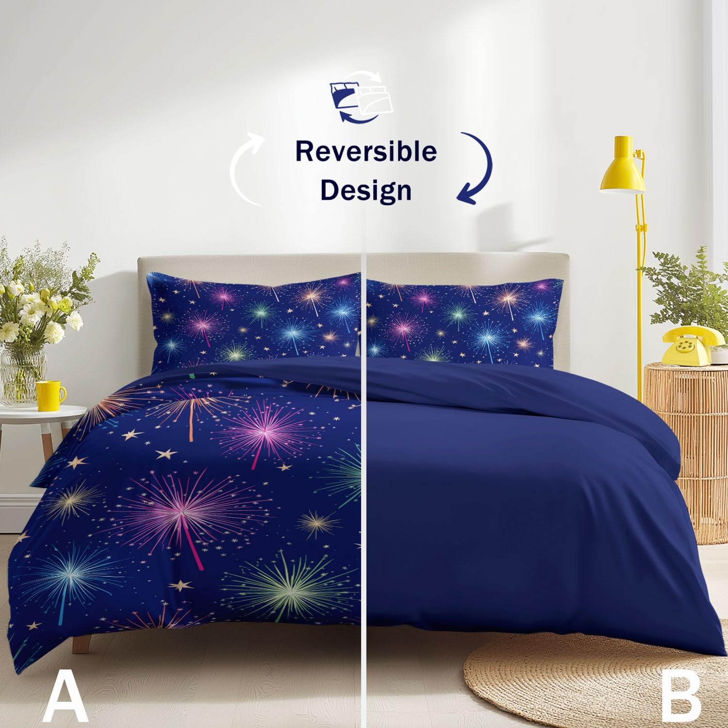 Generisch Bettwäsche Set 200 x 220 cm 3teilig Romantisch Bunt Blühend Feuerwerk, Weicher Mikrofaser-Bettbezug mit Kissenbezug Wendebettwäsche Deckenbezug, Erwachsenengrößen, Blau Traumhaft