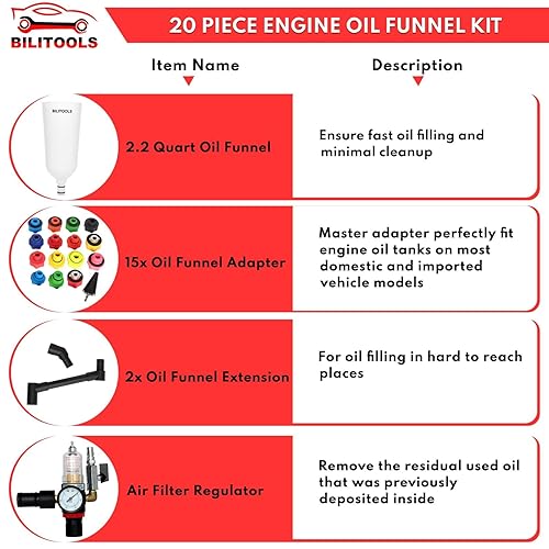 Miniatura 5 de BILITOOLS Juego de embudo de aceite para cambio de aceite del motor, kit de embudo dispensador de aceite de motor automotriz con 15 adaptadores,