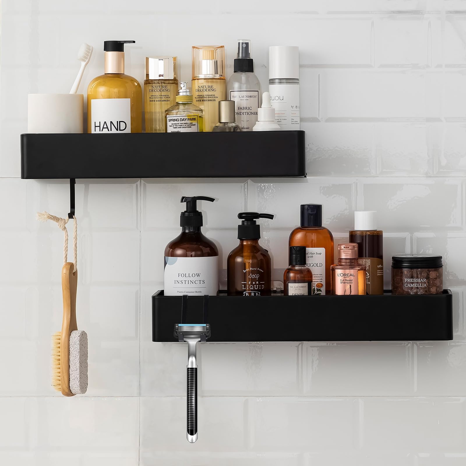 2 Pack Black Shower Shelves, No Drilling, Quick-Dry Shower Organizer with Large Capacity, Bathroom Storage with 4 Hooks