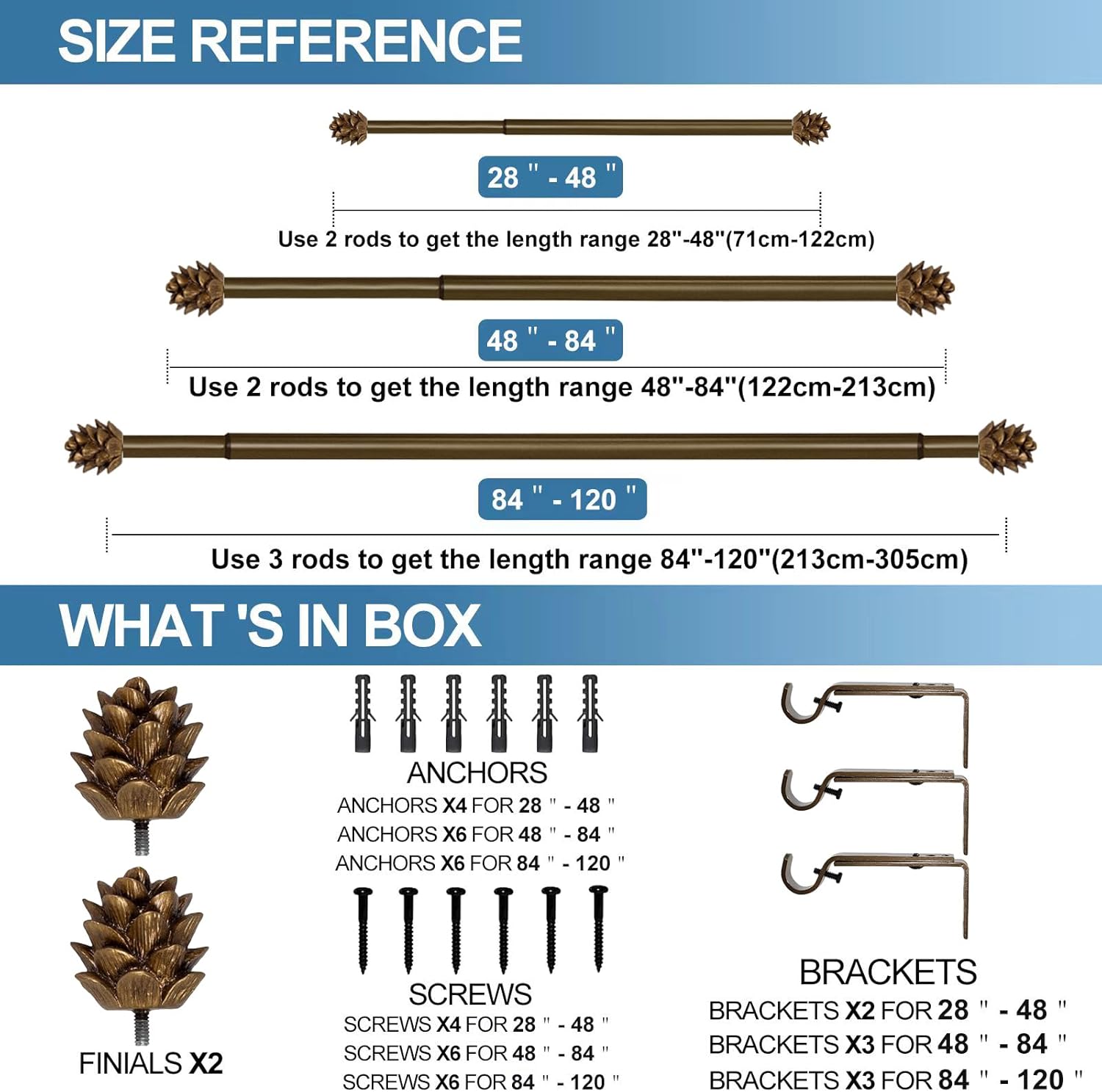 Urbanest Pinecone Adjustable Window Treatement Single Curtain Rod, 48"-84", Renaissance Gold