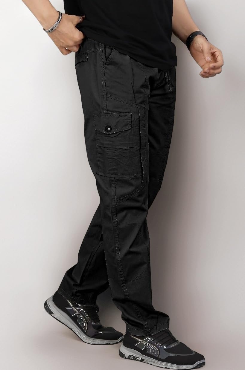 Men's Cotton Cargo Pants, Black, Relaxed Fit with Multi-Pocket Design, Elastic Waist, Hiking, Travel & Work