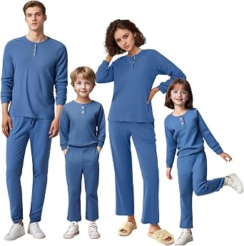 IFFEI Waffle Knit Family Matching Pajamas Sets 2 Piece Lounge Set Long Sleeve Soft Loungewear Sleepwear Joggers with Pockets