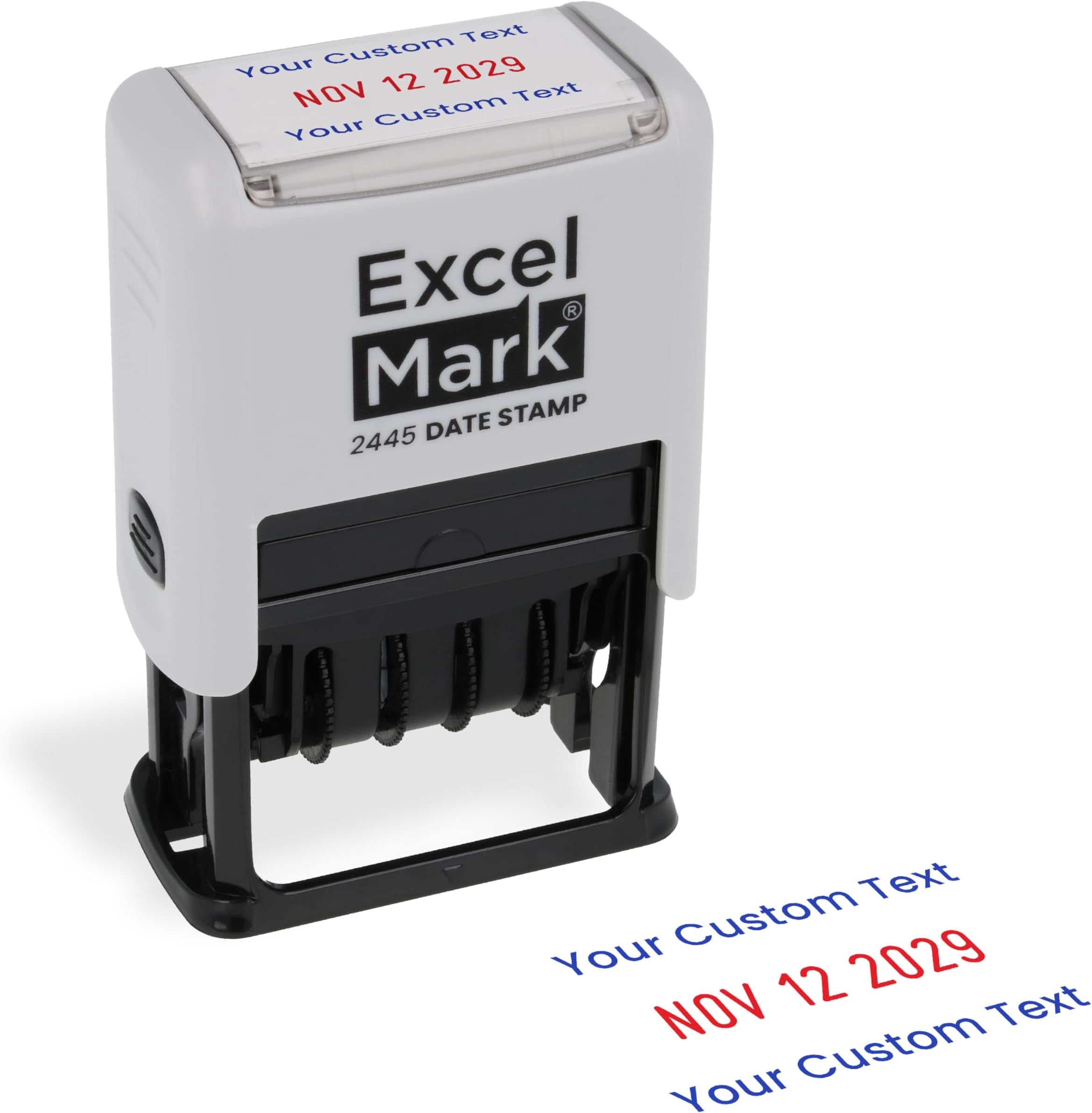 ExcelMark 2445 Date Stamp with Text - Blue and Red Ink (Gray Mount, Custom)