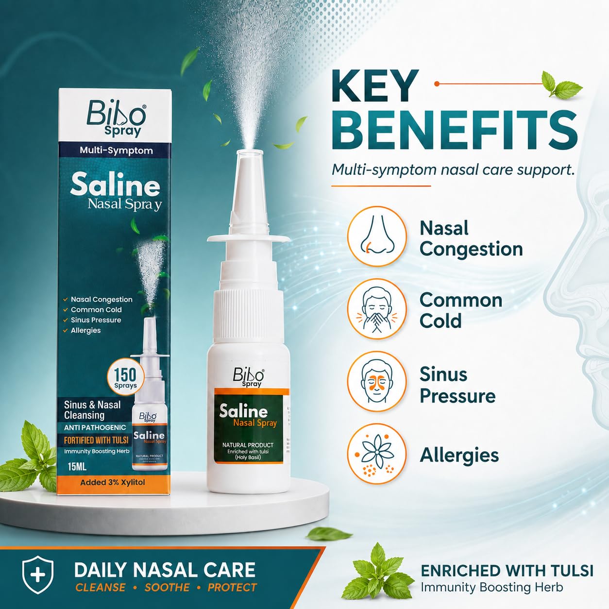 Bibo Saline Nasal Spray with Tulsi & 3% Xylitol for Daily Nasal Cleansing, 150 Sprays, 15 ml 2