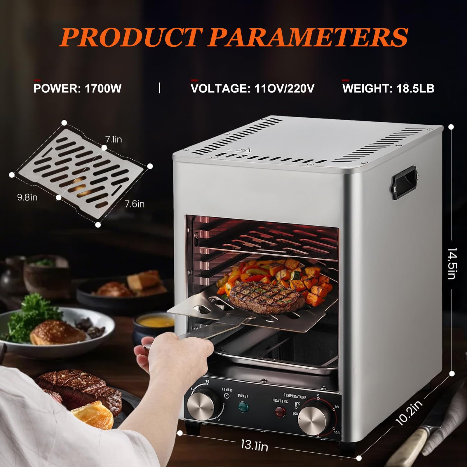 Parrilla EléCtrica De 1700 W Para Encimera, Parrilla Para Interiores, Temperatura Ajustable De 400 A 1450 °F, Parrilla Para Carne Comercial, Horno Tostador De Acero Inoxidable Apto Para Alimentos,110V