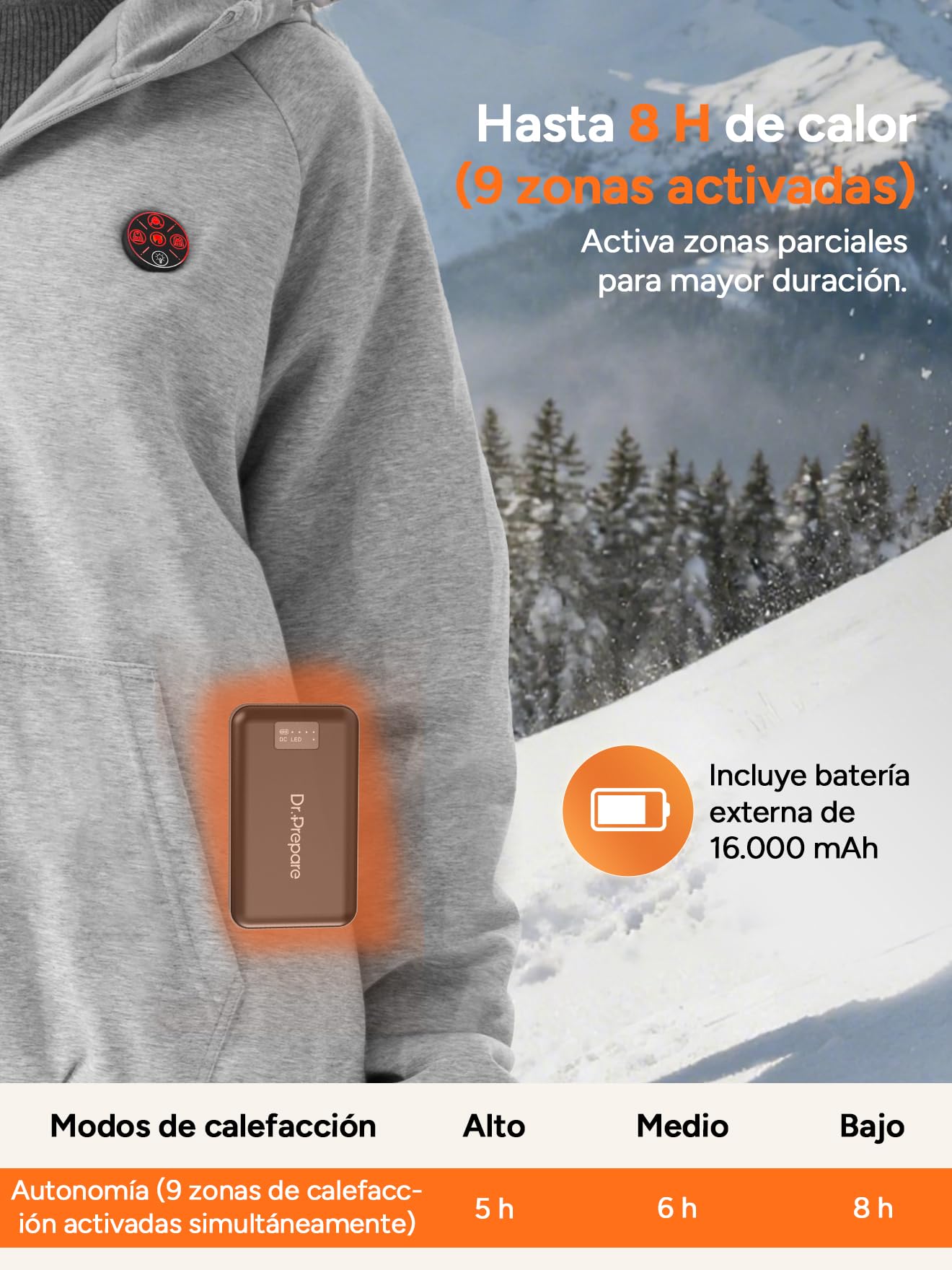 DR.PREPARE Sudadera con Capucha Calefactable Hombre y Mujer 9 Zonas de Calor Batería 16,000 mAh 3 Niveles de Calefacción Hasta 8H de Autonomía Chaleco Calefactable Forro Polar Para Exteriores