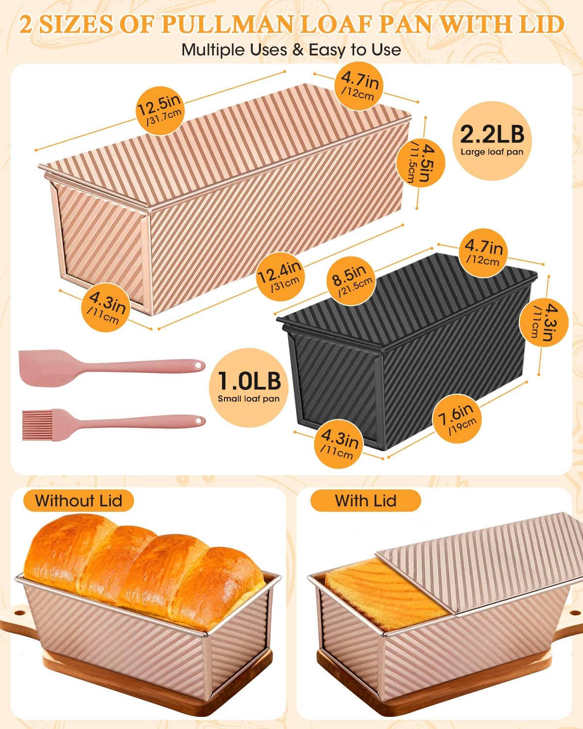 2 Pack Pullman Loaf Pan with Lid: 2.2 LB & 1 LB (13x4 & 9x4 inch) Sandwich Bread Loaf Pan for Homemade Sourdough Bread - Nonstick Carbon Steel Corrugated Toast Box Mold for Baking Bakeware