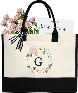 DWDC A-Z 26 Letter Canvas Tote Bag,Personalized Present Bag, Suitable for Wedding, Birthday, Beach, Holiday, is a Great Gift for Women, Mom, Teachers, Friends, Bridesmaids