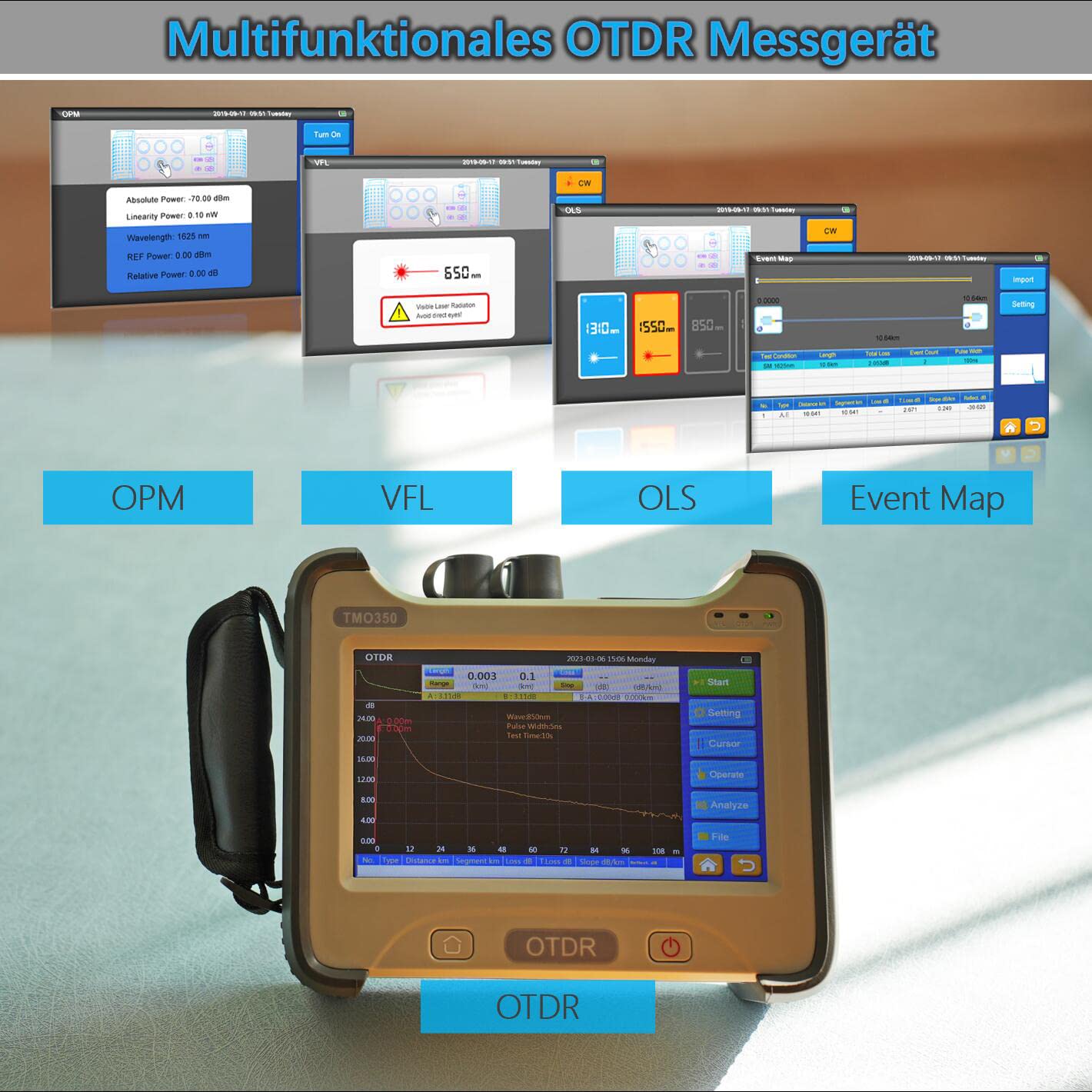 OTDR messgerät MM 850/1300nm 20/26dB, Multifunktions LWL OTDR Multimode+OPM+VFL+OLS+Event Map mit SC FC ST LC Adaptern