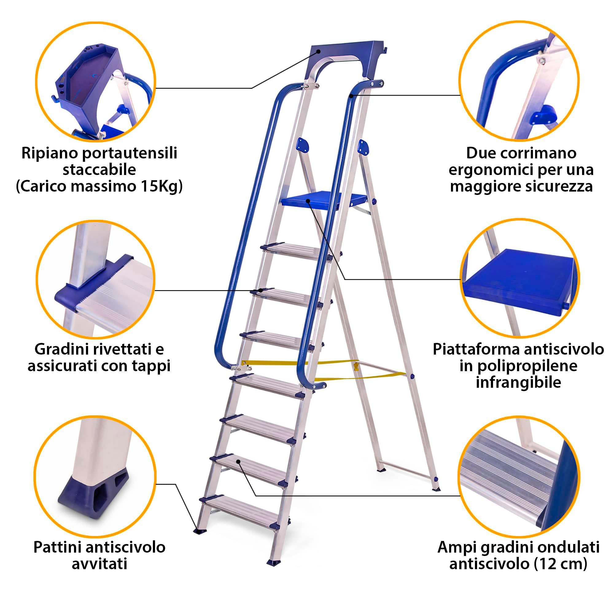 Scala Secure 8 gradini robusta, alluminio rinforzato, corrimano, vaschetta portautensili rimovibile, altezza piattaforma 182 cm, portata 150 kg, Hostrom