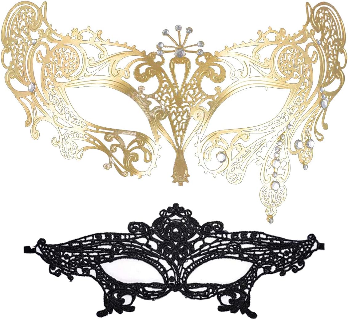 Masquerade Mask for Women 2 Pack Shiny Metal Rhinestone Mask Party Porm Ball Mask Free Lace Mask Costume